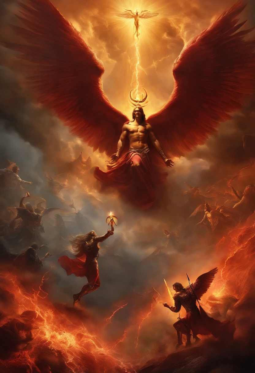 A demon surrounded by angels. The demon is not intimidated and is more radiant than all those near him.