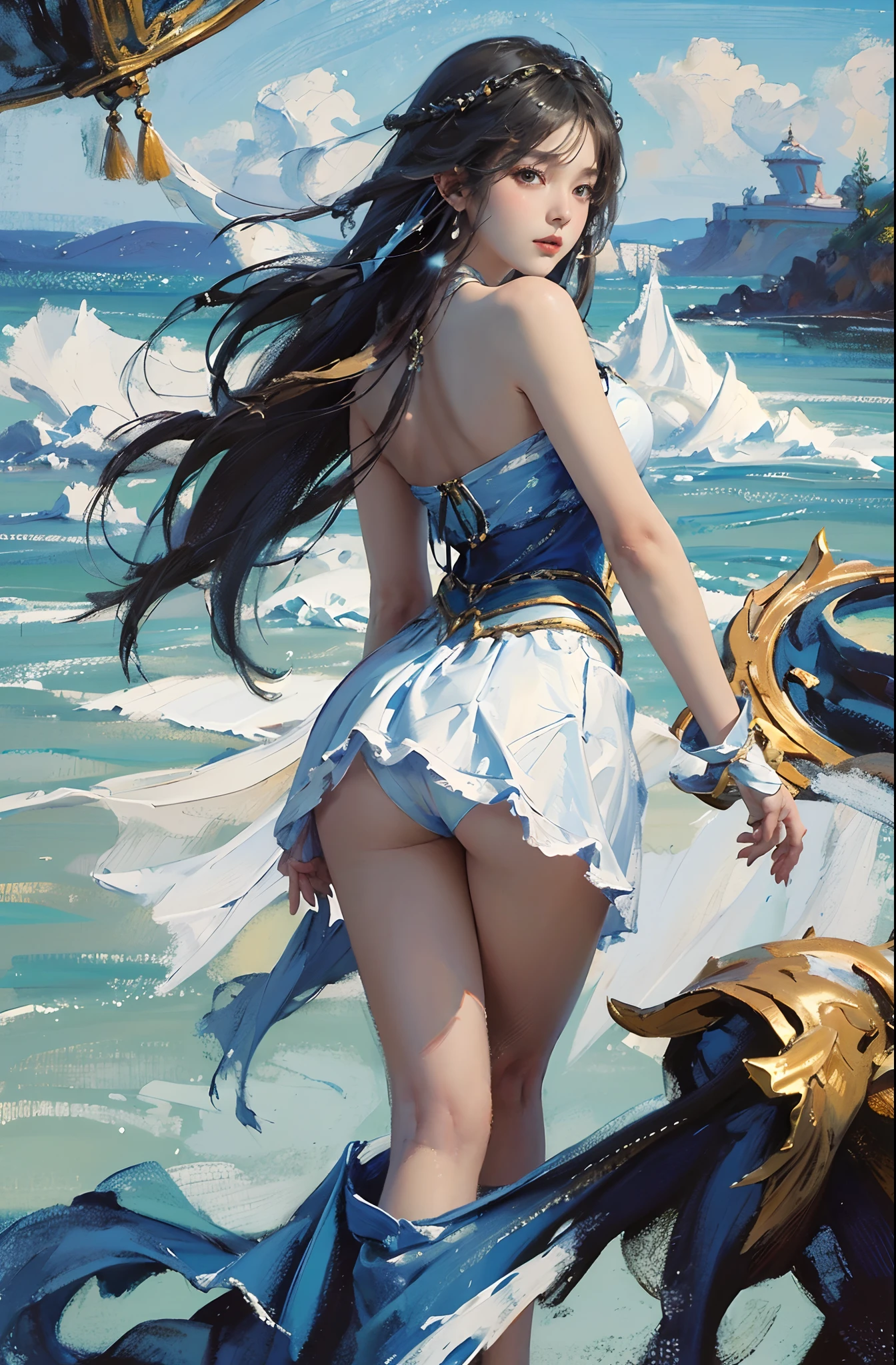 ((Best quality)), ((Masterpiece)), ((1girll)), Solo, ferry, ((Long hair)), Ferry base, ((upper legs)), Bare shoulders, ((jewelry)), ((Sleeveless)), White dress, Blue skirt, ((mitts)), thigh high, From behind,(Nikolai Fehin),(Fechin oil painting, Oil painting by Fei Xin, Oil painting), 0