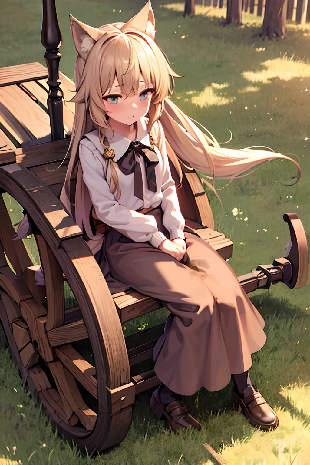 Wheat-colored long hair, Wolf ears, Bushy tail, medieval skirt, Puffed-sleeve fitted blouse, Wooden cart, grassy knoll, dirt road, Anime style, soft shading, Subdued palette, outlined art, digital art, worried, ((peeing stain))
