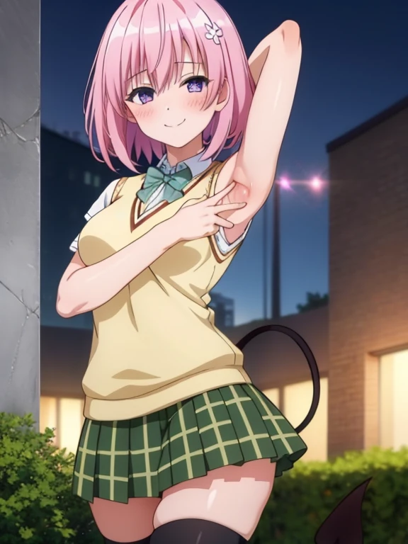 (masterpiece, best quality:1.2),illustration,8k,hd,city,1girl,solo,upper body,(portrait:1.2),seductive smile,shy,blush,short_hair,skirt,hair_ornament,thighhighs,twintails,school_uniform,purple_eyes,tail,pink_hair,zettai_ryouiki,demon_tail,sweater_vest, contrapposto, spread armpit, arms behind head, solo, forest, night, smile, cowboy shot,