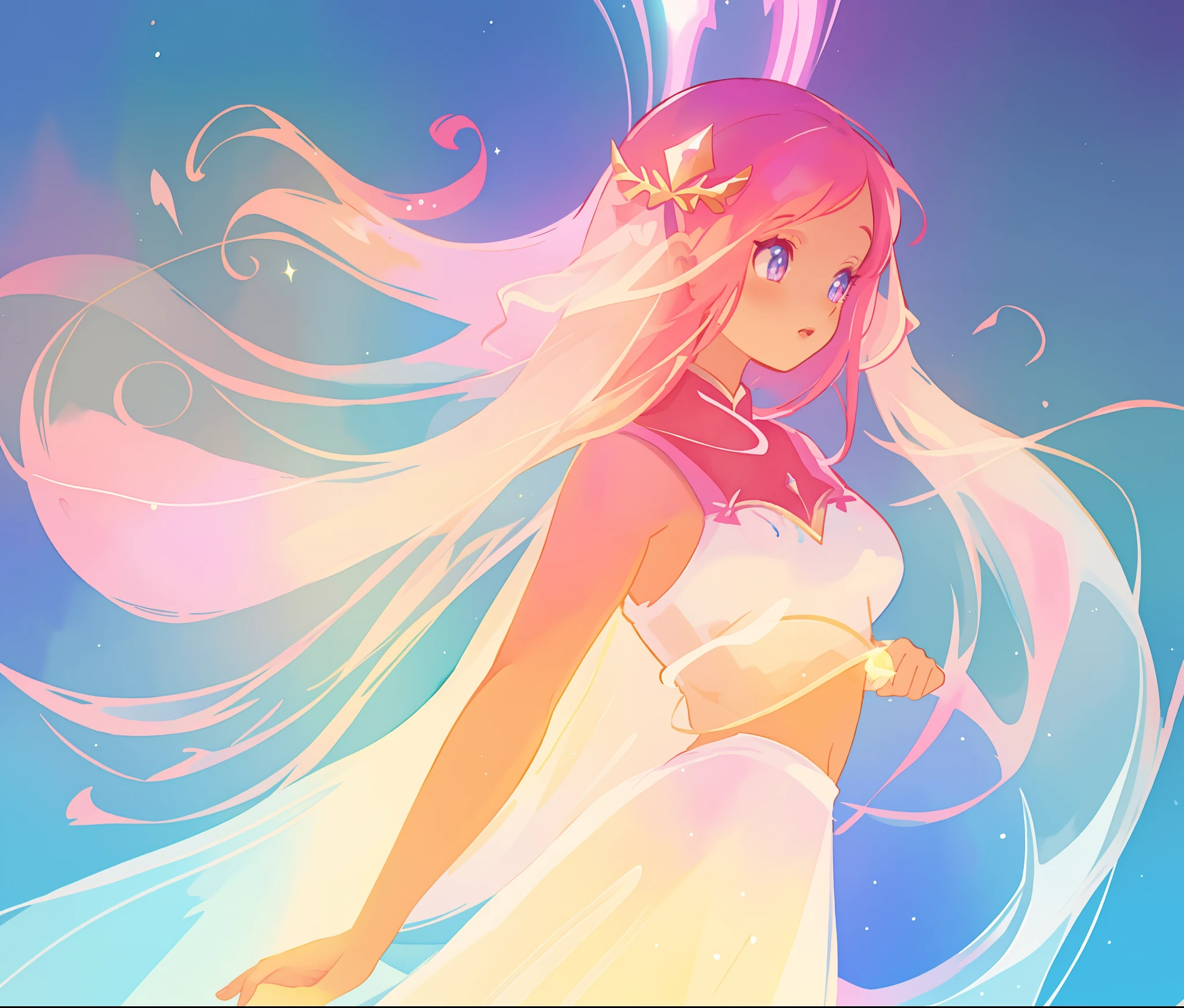 beautiful girl in white arabian two-piece dress, arabian princess, long colorful sparkling pink hair, watercolor illustration, Lois van Baarle, glowing aura around her, Glen Keane, jen bartel, glowing hair, beautiful digital illustration, fantasia background, beautiful, masterpiece, best quality, anime disney style, (detailed eyes), golden ratio, perfect composition