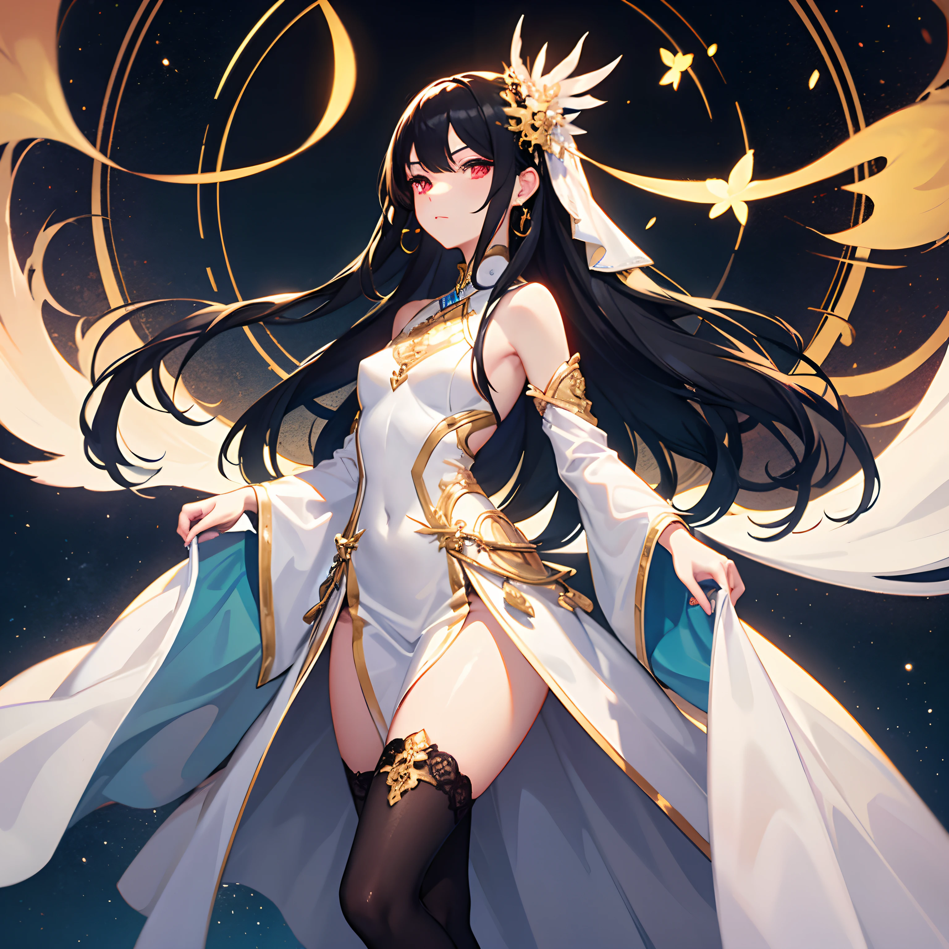 Long black hair,Light red eyes,16 yaers old,chiquita,flatchest,white stockings,solo person,kosmos,Gorgeous costumes
