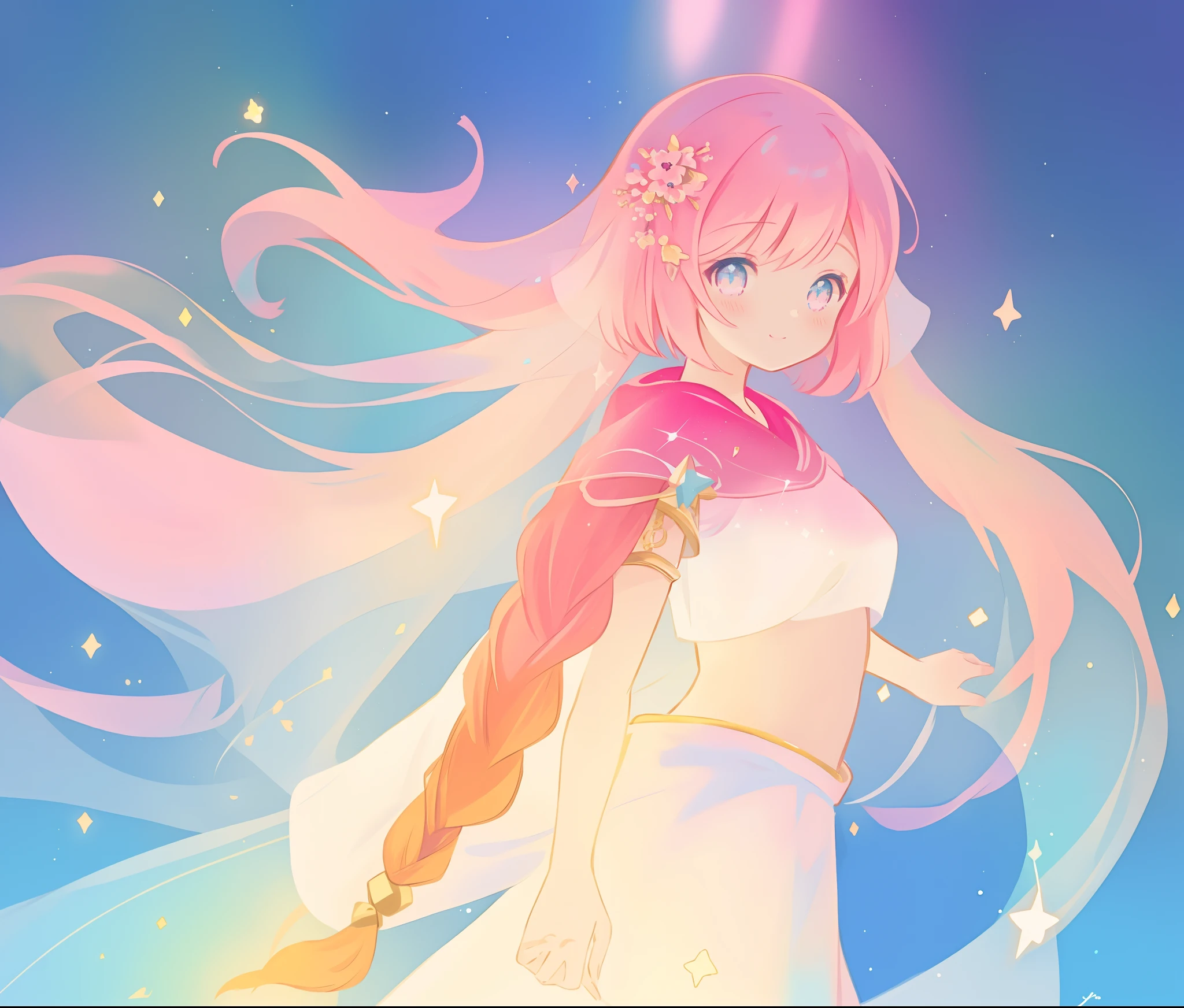 beautiful girl in white crop top and skirt, arabian princess, long colorful sparkling pink hair, watercolor illustration, Lois van Baarle, glowing aura around her, Glen Keane, jen bartel, glowing hair, beautiful digital illustration, fantasia background, beautiful, masterpiece, best quality, anime disney style, (detailed eyes), golden ratio, perfect composition, (perfect anatomy)