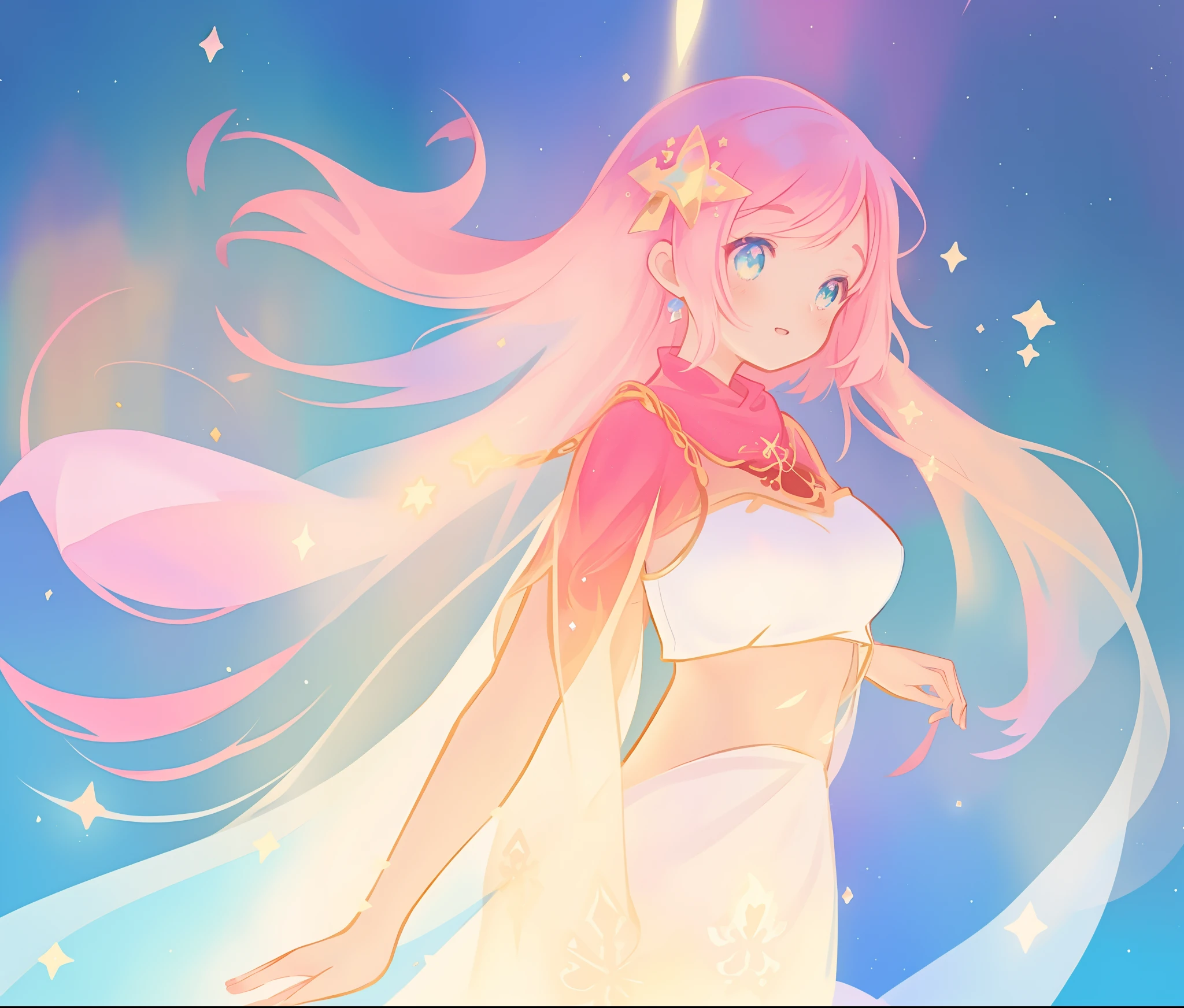 beautiful girl in white crop top and skirt, arabian princess, long colorful sparkling pink hair, watercolor illustration, Lois van Baarle, glowing aura around her, Glen Keane, jen bartel, glowing hair, beautiful digital illustration, fantasia background, beautiful, masterpiece, best quality, anime disney style, (detailed eyes), golden ratio, perfect composition, (perfect anatomy)
