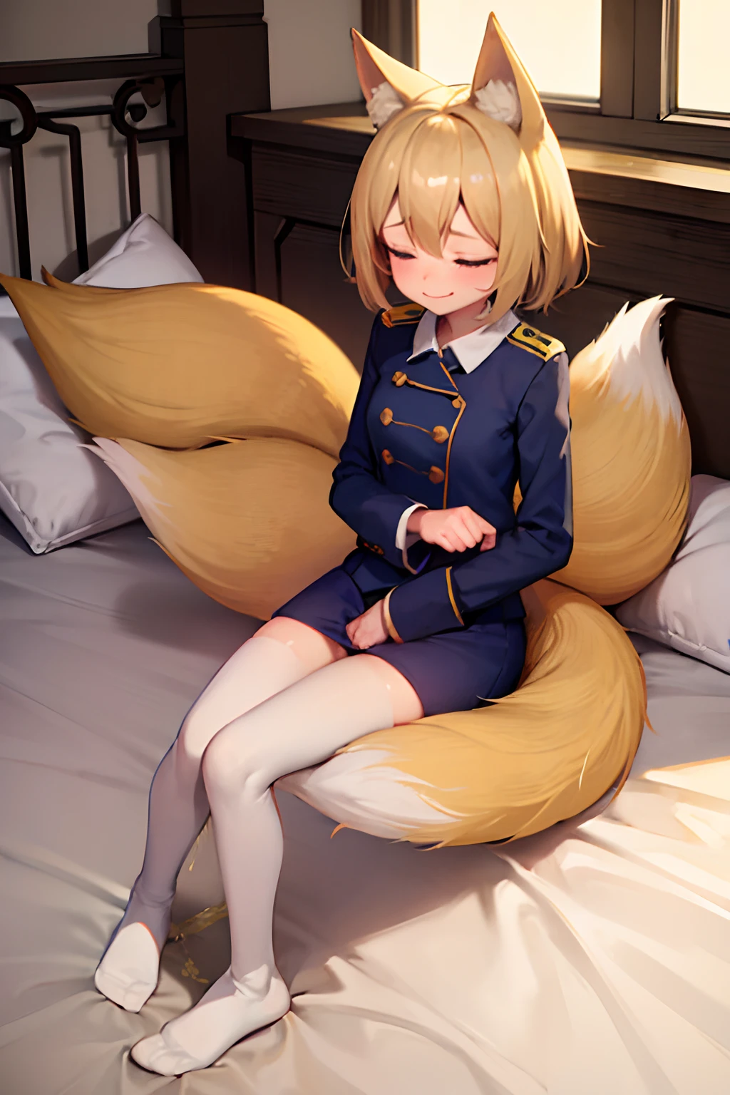 Golden hair, short hair, Nine tails, fluffy tails, fox tail, Golden ears, fox ears, White uniform, technician's uniform, technician, Blue-black uniform accents, White stockings, knee-high stockings, toes, feet, sole, Lying on bed, Relaxed, open posture, Closed eyes, smile, Soft lighting, bedroom lighting, white bedding, Tools, first aid kit, young girl, ((peeing stain))