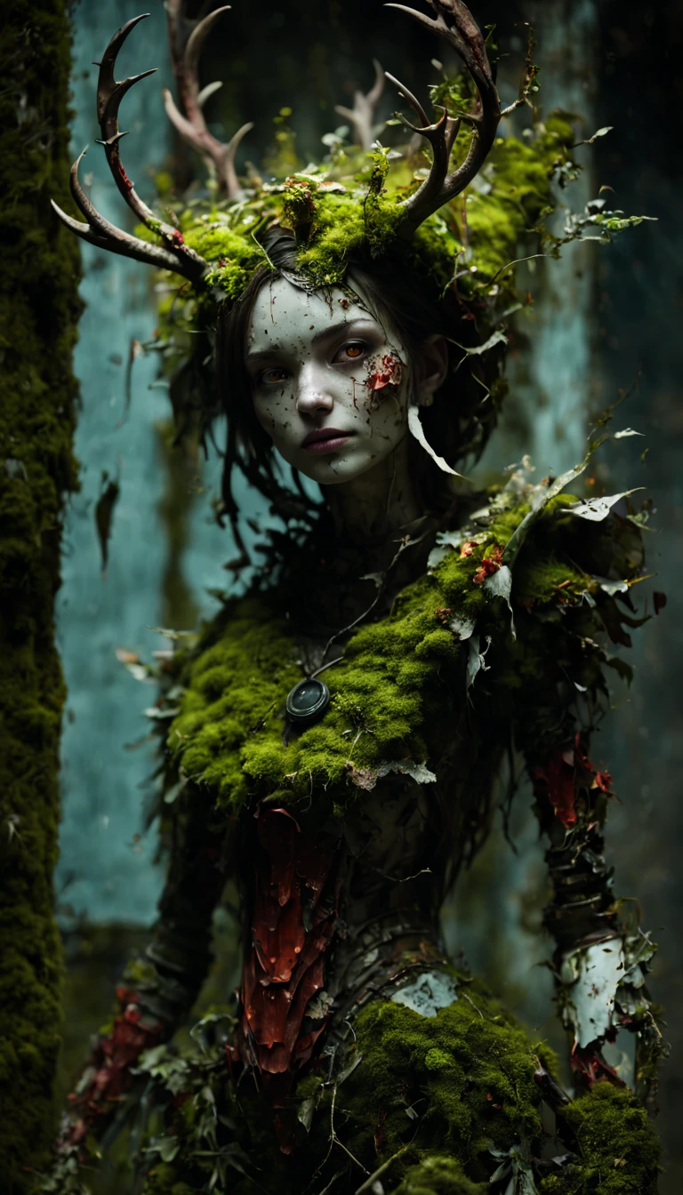 A shattered female humanoid robot,At night, A light shone on her, dented, Scratched, Peeling paint peeling, In an abandoned indoor room, Moss and fungi, It used to be beautiful,An artistic photo,full bodyesbian,(Remote shooting:1.4),Close-up 50mm F/1.3,White dragon plant girl, Girl made from dead plants,A girl made of red plants,forest,plant,deer antlers