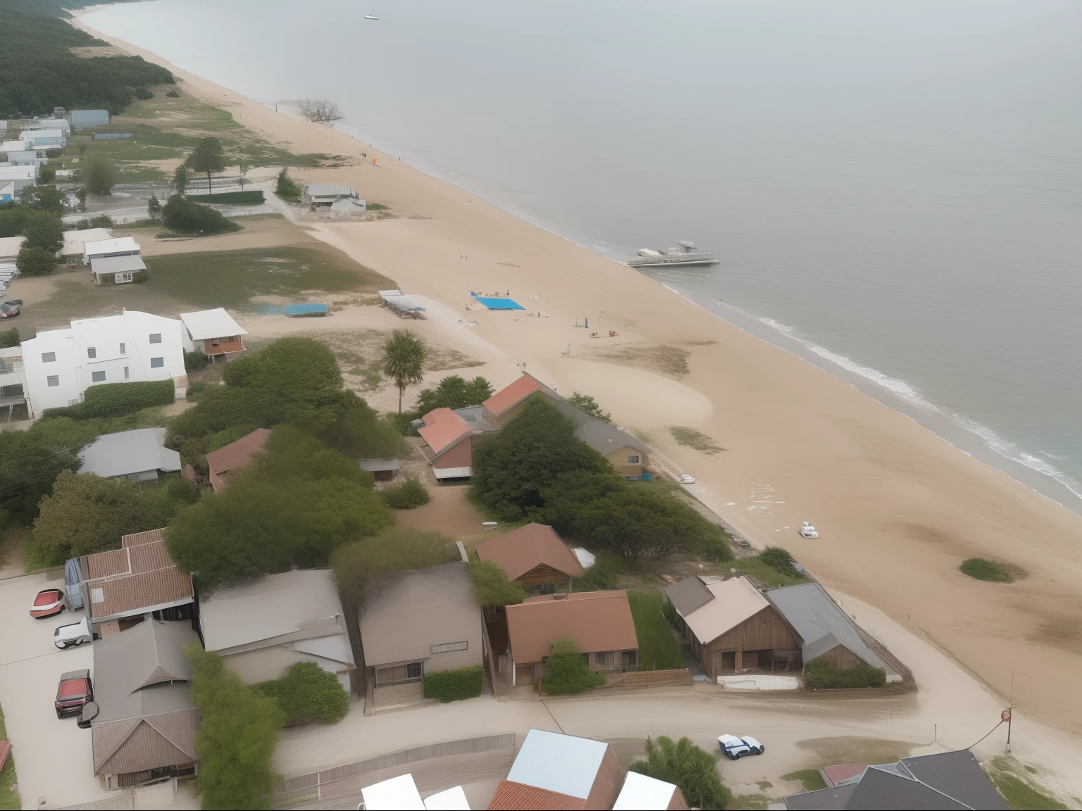 Aerial view of the beach,There are a lot of houses and water bodies, the photo shows a large, photo taken from above, photograph from above, photo from above, Overhead shot, view from above on seascape, looking from above, looking from above, wide angle shot from above, beach in the foreground, aerial shot from the drone, drone point of view,Evening light and shadow,Illustration style
