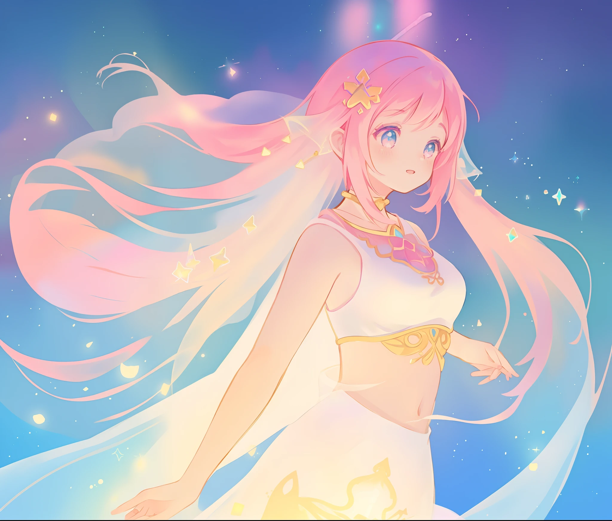 beautiful girl in white crop top and skirt, arabian princess, long colorful sparkling pink hair, watercolor illustration, Lois van Baarle, glowing aura around her, Glen Keane, jen bartel, glowing hair, beautiful digital illustration, fantasia background, beautiful, masterpiece, best quality, anime disney style, (detailed eyes), golden ratio, perfect composition, (perfect anatomy)