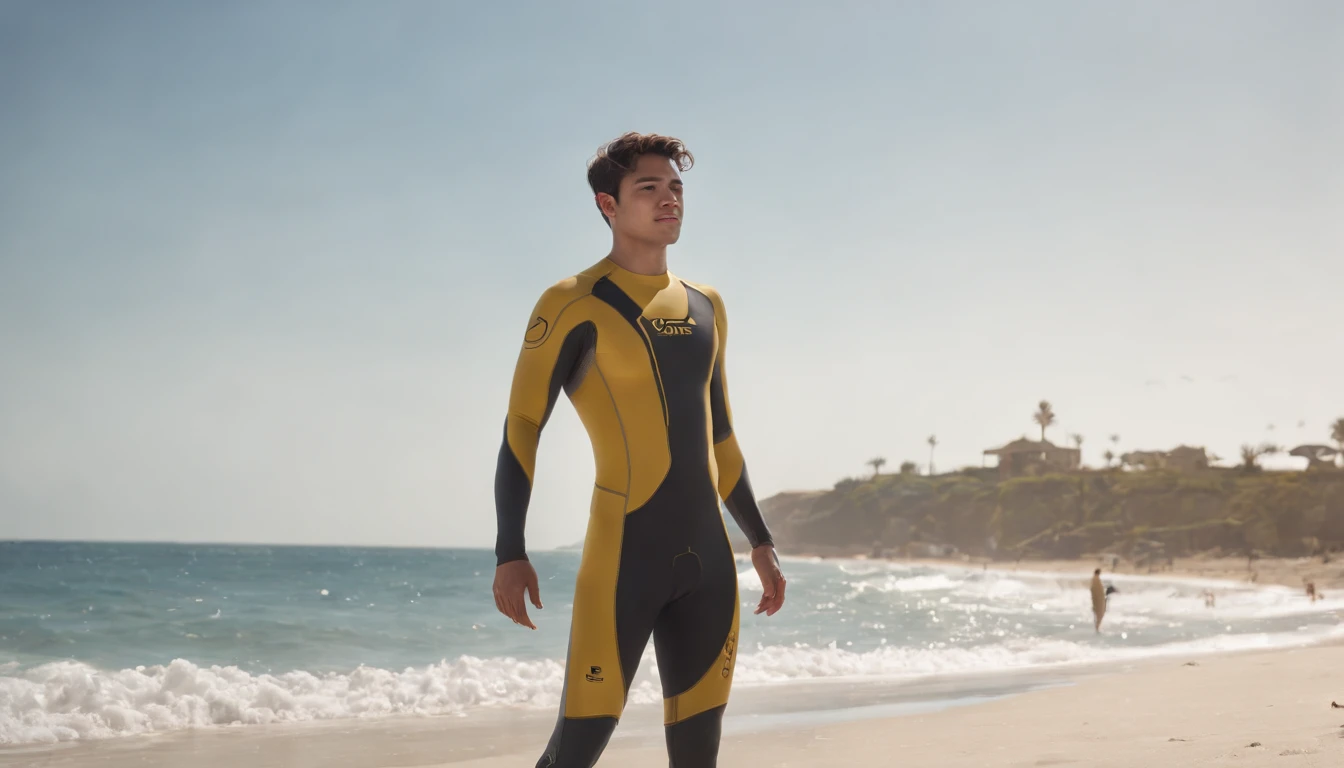 RAW, Masterpiece, Super Fine Photo, Ultra High Resolution, Photorealistic, Sunlight, Full Body Portrait, latino hispanic young man wearing a full body, black and yellow wetsuit, slight manly buldge, black hair with blonde highlights, ponytail cyberpunk hairstyle, smiling face, open mouth, gold teeth, standing on a sandy beach facing the ocean, cybernetically enhanced, pigeoncore, neo-dadaist, mechanized precision, people swimming in the ocean, boats floating, people playing volleyball on the beach, children building sand castle in the background, swimming in the water, in the style of mecha sci-fi anime, 8k, best quality, highres,Ultra-realistic 64K CG, Photorealista:1.4, Skin Texture:1.4, Volumetric fog, 8k uhd, dslr, high quality, film grain, fair skin, photorealism, lomography, translucent