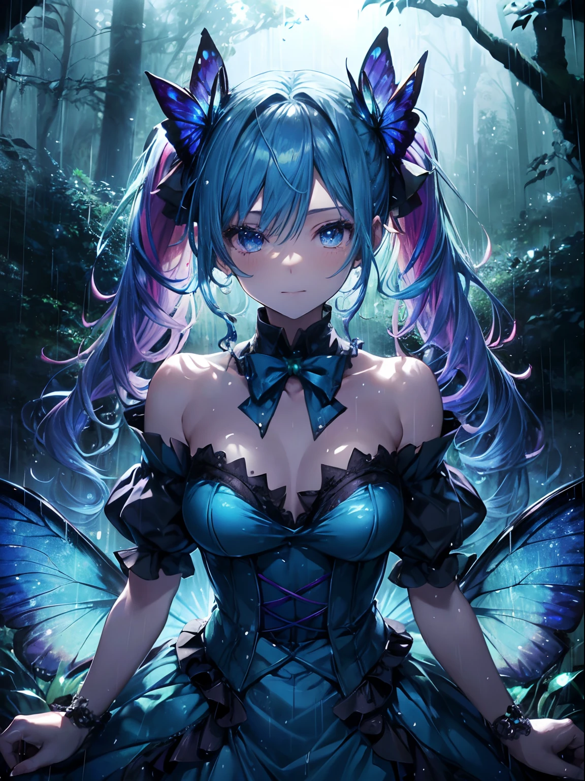 Leprechaun、in woods、(masutepiece:1.3), (8K, Photorealistic, Raw photo, Best Quality: 1.4), Beautiful face, (Realistic face), Beautiful detailed eyes, (Realistic skin), Attractive, Intricate details,Golden ratio, 1 girl,A smile, (rainbow hair:1.4),((Long twintails,Ribbon 1.4)),Leprechaun、Blue Butterfly Cosplay(Blue butterfly wings 1.5)、Fairy dress,(Blue butterfly hair ornament),off shoulders,Dynamic Pose,Dynamic Angle,Intricate details, Hyper realistic, (Rainy night in the neon-lit forest),(Elegant),(Soft candlelight),(melancholic),(Gentle touch),(emotional),Cold,