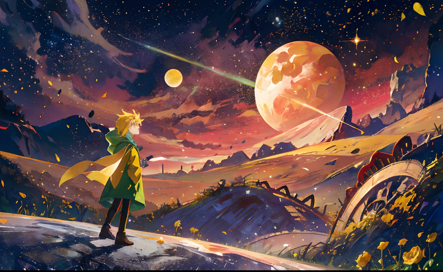 There was a boy standing in the middle of a field, the little prince, Yellow hair,Green clothes,Yellow scarf,A lonely fox with roses,matte digital illustration, 数字插图 -, Digital illustration, stunning digital illustration, digital art illustration, lost in the immensity of space, Children's illustration, Stylized digital illustration, A beautiful artwork illustration, children illustration, in style of digital illustration, Beautiful digital illustration