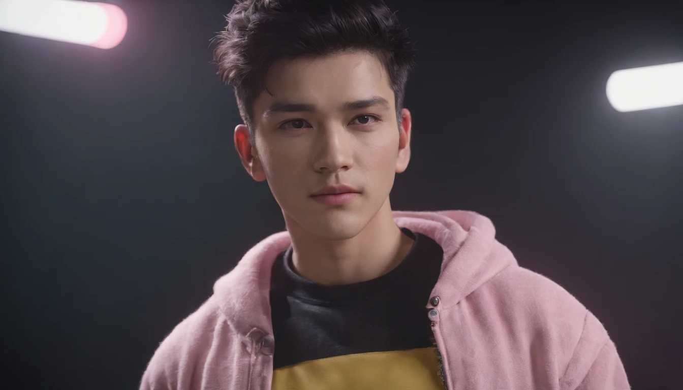 RAW, Masterpiece, Super Fine Photo, Ultra High Resolution, Photorealistic, Full Body Portrait, latino hispanic young man wearing, black pants and yellow sweater, black hair, cyberpunk hairstyle, stands on stage in front of a crowd speaking to the audience, cybernetically enhanced, pigeoncore, neo-dadaist, mechanized precision, in the style of mecha sci-fi anime, 8k, best quality, highres,Ultra-realistic 64K CG, Photorealista:1.4, Skin Texture:1.4, Volumetric fog, 8k uhd, dslr, high quality, film grain, pink light emits from tv in background, photorealism, lomography, translucent