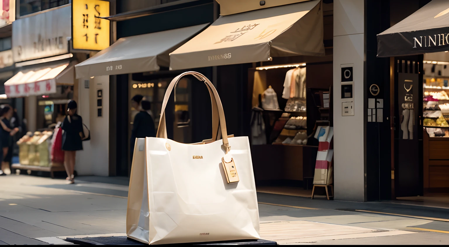 a hyper realistic photography of the Luxury Shopping bag of hong kong, no people, no words, Nikon D850 DSLR 4k camera, 100mm lens, F 1.2 aperture setting, bright and natural lighting, vibrant, fun and relaxing atmosphere