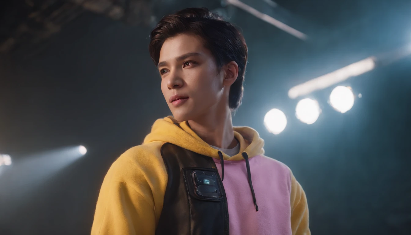 RAW, Masterpiece, Super Fine Photo, Ultra High Resolution, Photorealistic, Full Body Portrait, latino hispanic young man wearing, black pants and yellow sweater, black hair, cyberpunk hairstyle, stands on stage in front of a crowd speaking to the audience, cybernetically enhanced, pigeoncore, neo-dadaist, mechanized precision, in the style of mecha sci-fi anime, 8k, best quality, highres,Ultra-realistic 64K CG, Photorealista:1.4, Skin Texture:1.4, Volumetric fog, 8k uhd, dslr, high quality, film grain, pink light emits from tv in background, photorealism, lomography, translucent