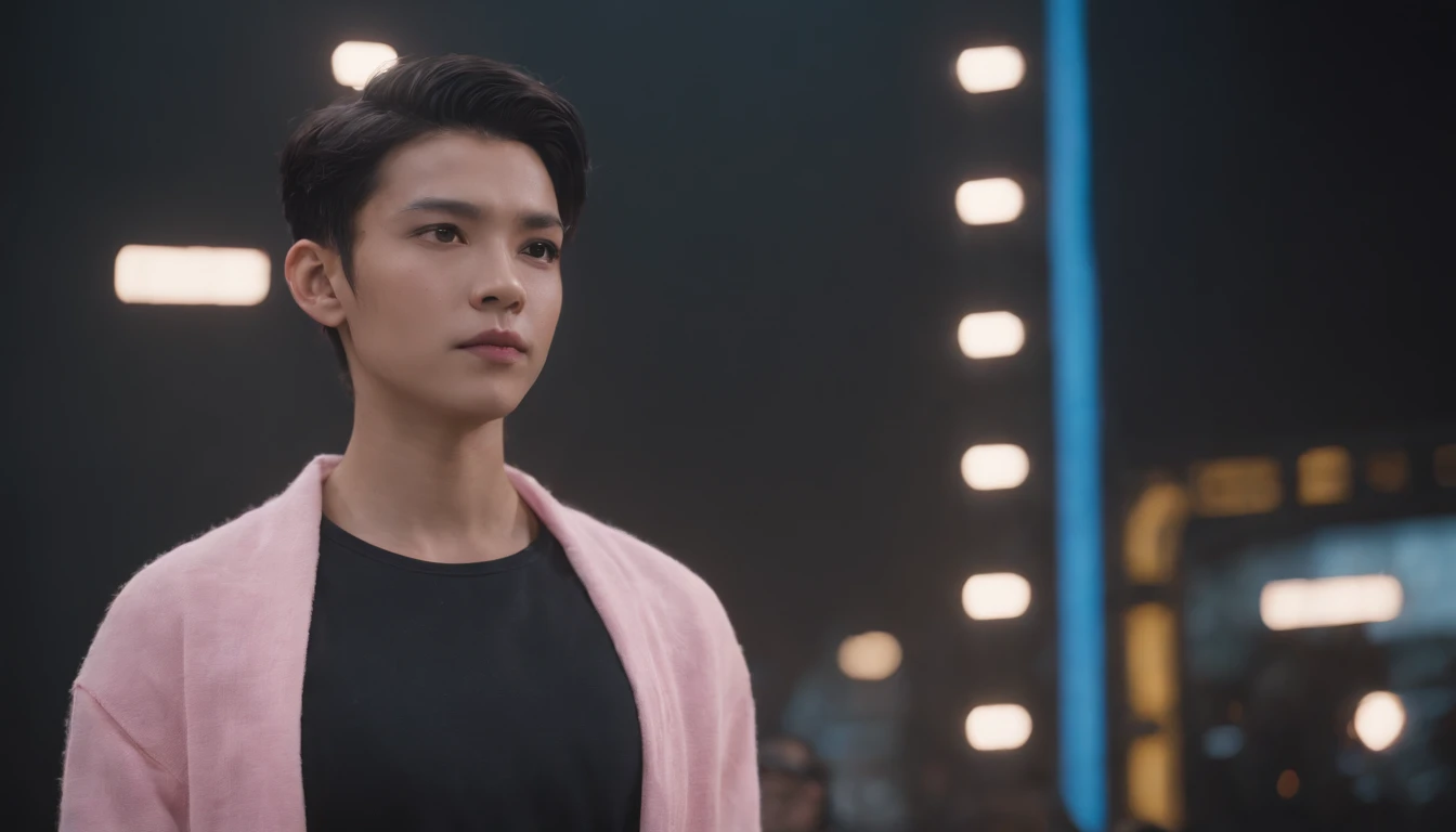 RAW, Masterpiece, Super Fine Photo, Ultra High Resolution, Photorealistic, Full Body Portrait, latino hispanic young man wearing, black pants and yellow sweater, black hair, cyberpunk hairstyle, stands on stage in front of a crowd speaking to the audience, cybernetically enhanced, pigeoncore, neo-dadaist, mechanized precision, in the style of mecha sci-fi anime, 8k, best quality, highres,Ultra-realistic 64K CG, Photorealista:1.4, Skin Texture:1.4, Volumetric fog, 8k uhd, dslr, high quality, film grain, pink light emits from tv in background, photorealism, lomography, translucent