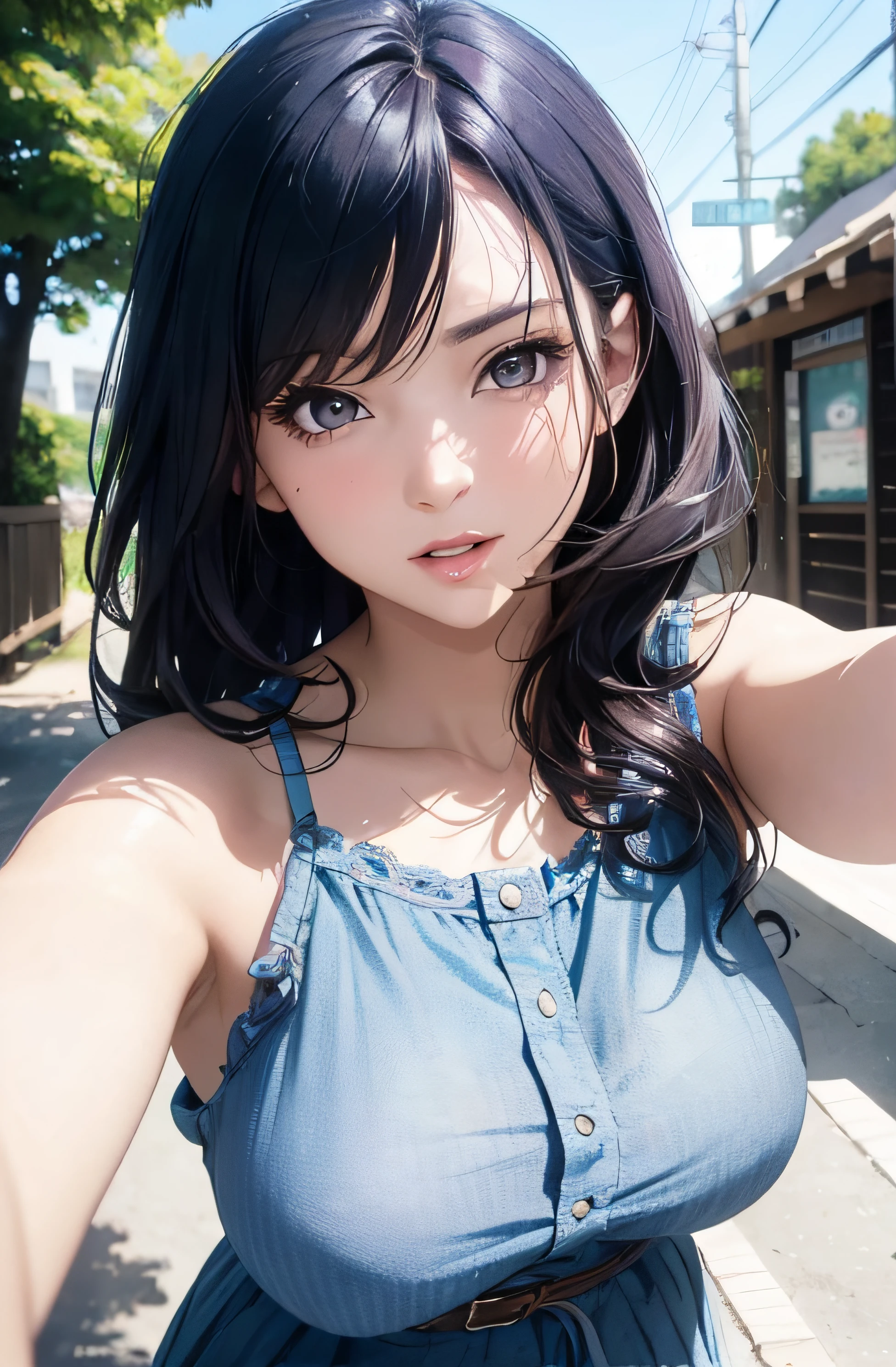 girl in summer clothes, top shot,((selfie)), brown eyes, blue hair, random background, kiss, beautiful, medium breasts, flirtatious look, ((very detailed)), (perfectly detailed face), (well detailed hand), photorealistic image.