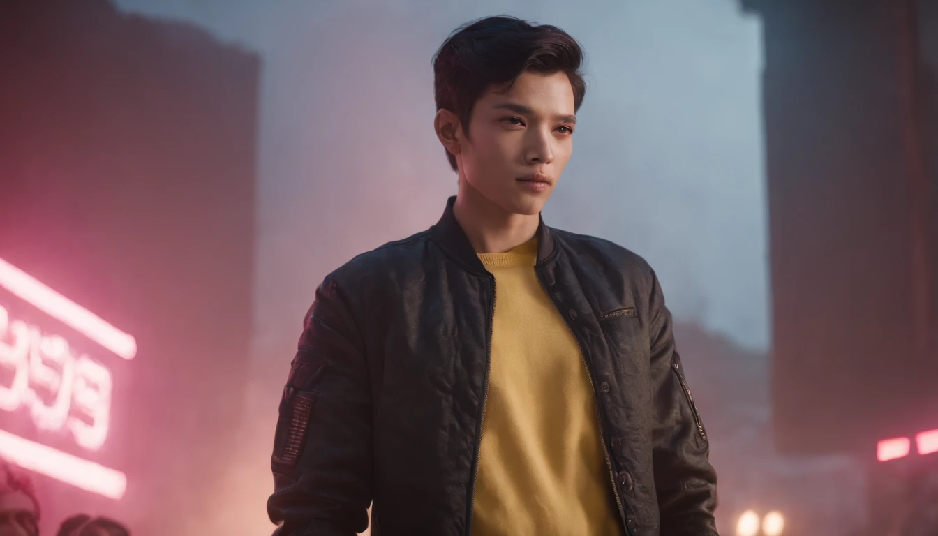 RAW, Masterpiece, Super Fine Photo, Ultra High Resolution, Photorealistic, Full Body Portrait, latino hispanic young man wearing, black pants and yellow sweater, black hair, cyberpunk hairstyle, stands on stage in front of a crowd speaking to the audience, cybernetically enhanced, pigeoncore, neo-dadaist, mechanized precision, in the style of mecha sci-fi anime, 8k, best quality, highres,Ultra-realistic 64K CG, Photorealista:1.4, Skin Texture:1.4, Volumetric fog, 8k uhd, dslr, high quality, film grain, pink light emits from tv in background, photorealism, lomography, translucent