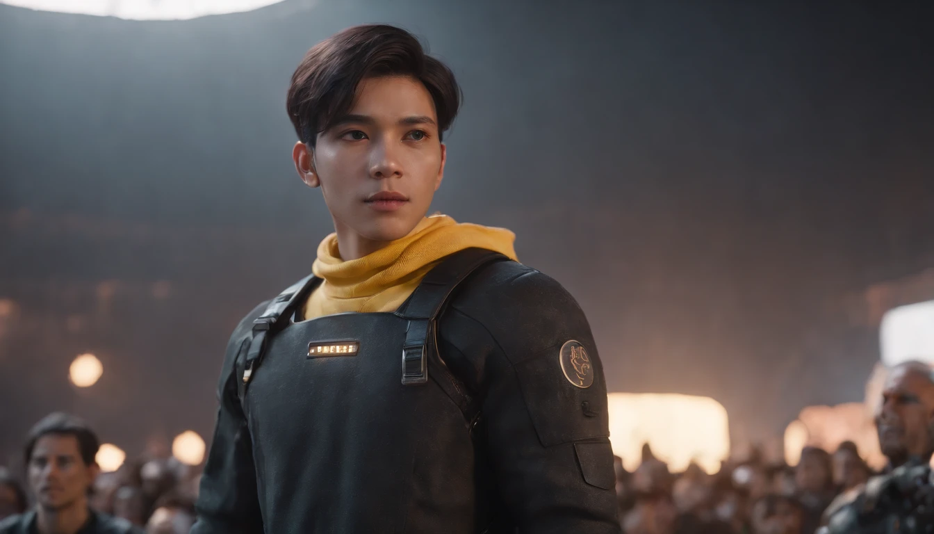 RAW, Masterpiece, Super Fine Photo, Ultra High Resolution, Photorealistic, Full Body Portrait, latino hispanic young man wearing, black pants and yellow sweater, black hair, cyberpunk hairstyle, stands on stage in front of a crowd speaking to the audience, cybernetically enhanced, pigeoncore, neo-dadaist, mechanized precision, in the style of mecha sci-fi anime, 8k, best quality, highres,Ultra-realistic 64K CG, Photorealista:1.4, Skin Texture:1.4, Volumetric fog, 8k uhd, dslr, high quality, film grain, pink light emits from tv in background, photorealism, lomography, translucent