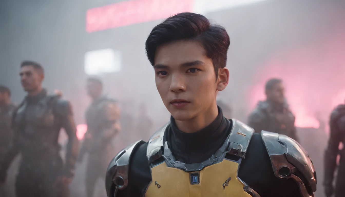 RAW, Masterpiece, Super Fine Photo, Ultra High Resolution, Photorealistic, Full Body Portrait, latino hispanic young man wearing, black pants and yellow sweater, black hair, cyberpunk hairstyle, stands on stage in front of a crowd speaking to the audience, cybernetically enhanced, pigeoncore, neo-dadaist, mechanized precision, in the style of mecha sci-fi anime, 8k, best quality, highres,Ultra-realistic 64K CG, Photorealista:1.4, Skin Texture:1.4, Volumetric fog, 8k uhd, dslr, high quality, film grain, pink light emits from tv in background, photorealism, lomography, translucent