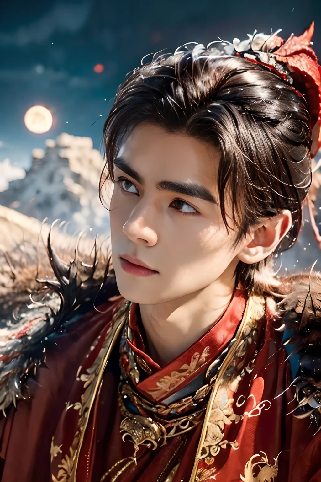 8K, masterpiece, A 21-year-old Asian man,thin eyebrows,Melon seed face,danfung Eye, Handsome face,Men's full body ,mountain in background, Time is night。Deep blue sky,A full moon,his skin is fair,He is slender, The limbs have pronounced muscle lines,high-definition photography,Real-world scenarios,perfect eyes, perfect skin, perfect hands, Lots of detail, (red robe), wearing red long robe with white dragon embroidery, red long pants, red turtleneck shirt, fire, flame, magic, messy long hair, looking into the distance, devilish gaze at viewer, cool and seductive, standing on the top of the mountain, wind blowing, ((red dragon))
