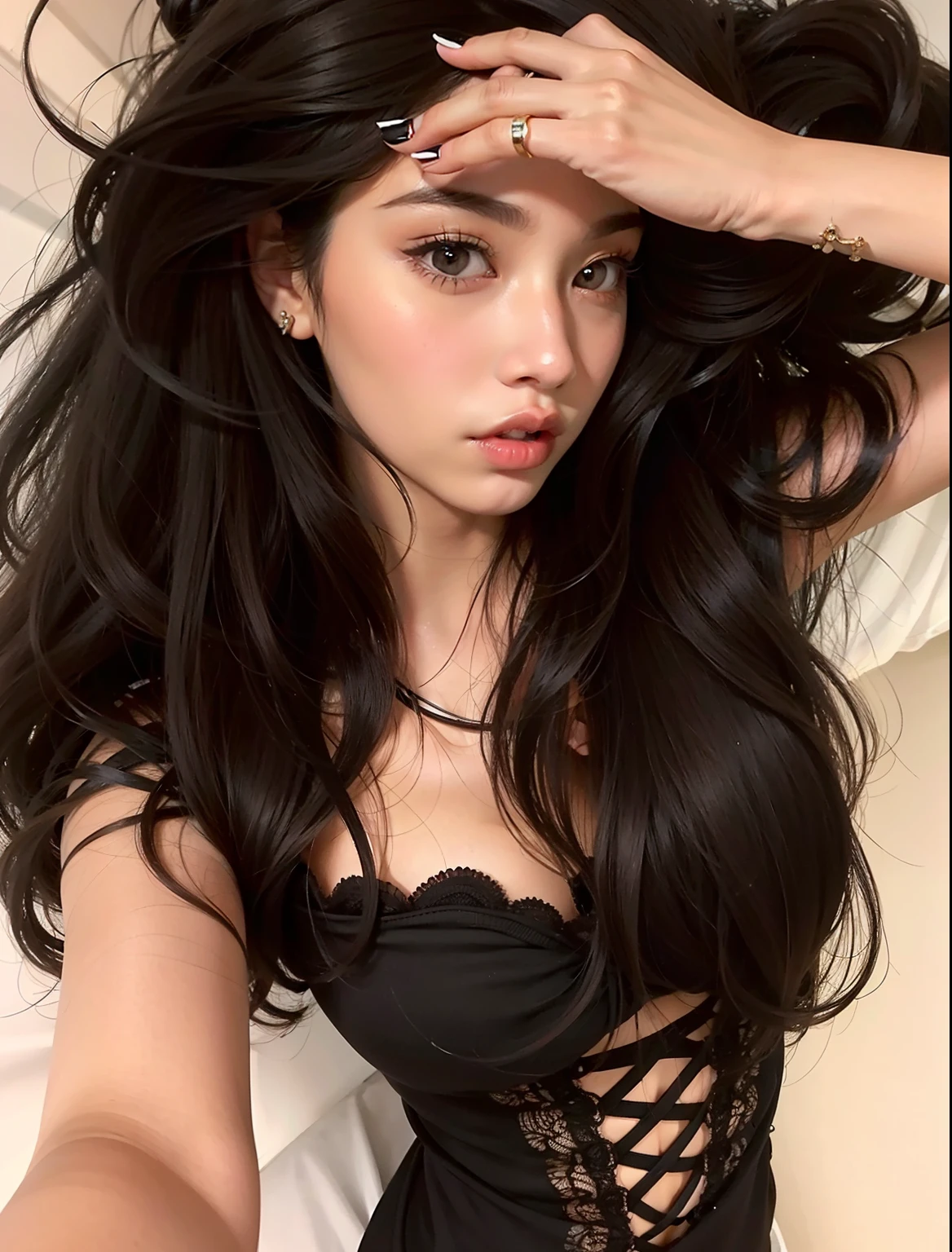 um close up de uma mulher em um espartilho preto posando para uma foto, com cabelos longos e olhos penetrantes, 18 anos, Cerveja Soft Devil Queen Madison, 19-year-old girl, Cerveja Madison, cabelos pretos e olhos grandes, com longos cabelos escuros, large eyes and flowing long hair, Beautiful Asian girl, Madison Beer Girl Retrato