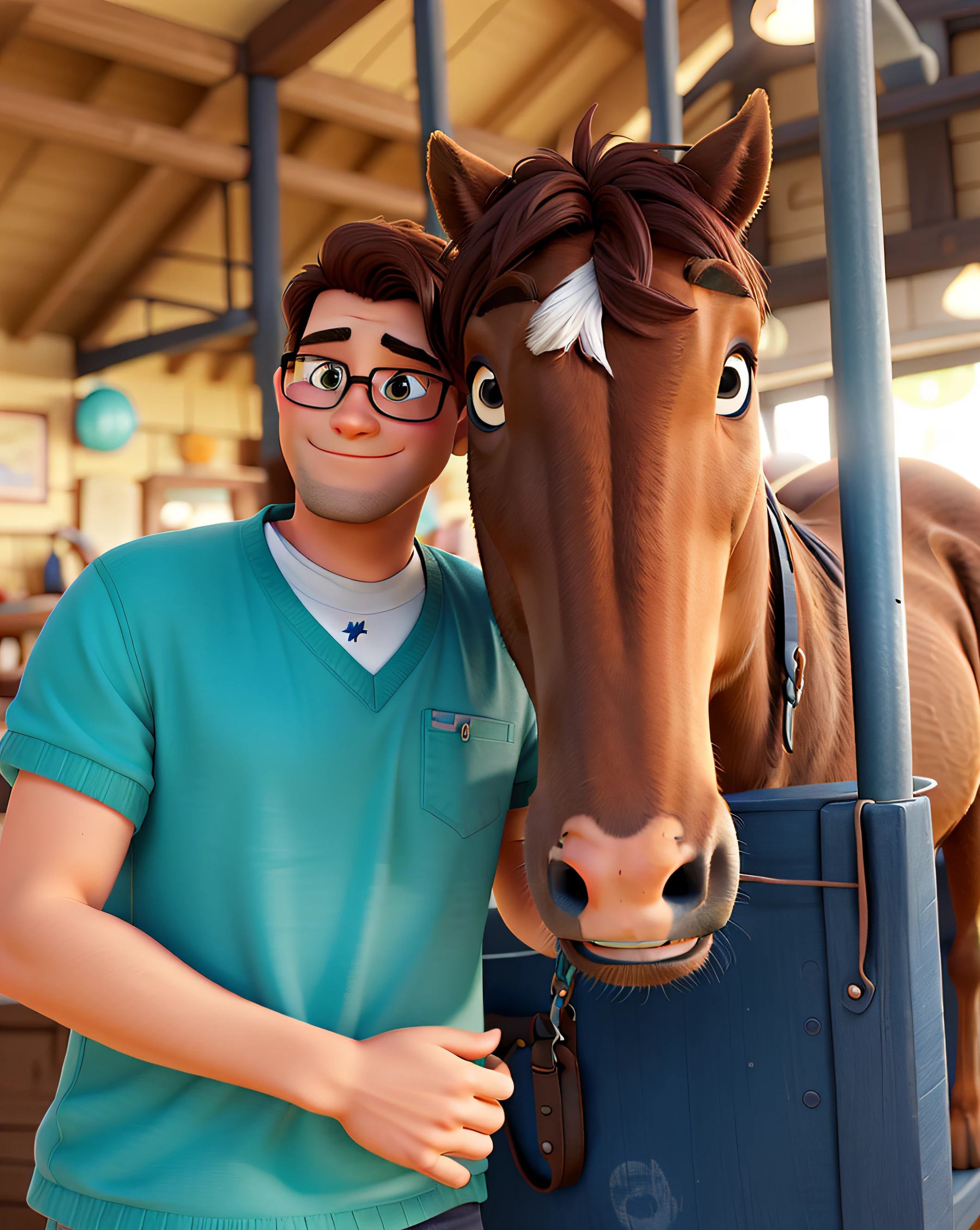 A man petting a horse in Disney Pixar Style