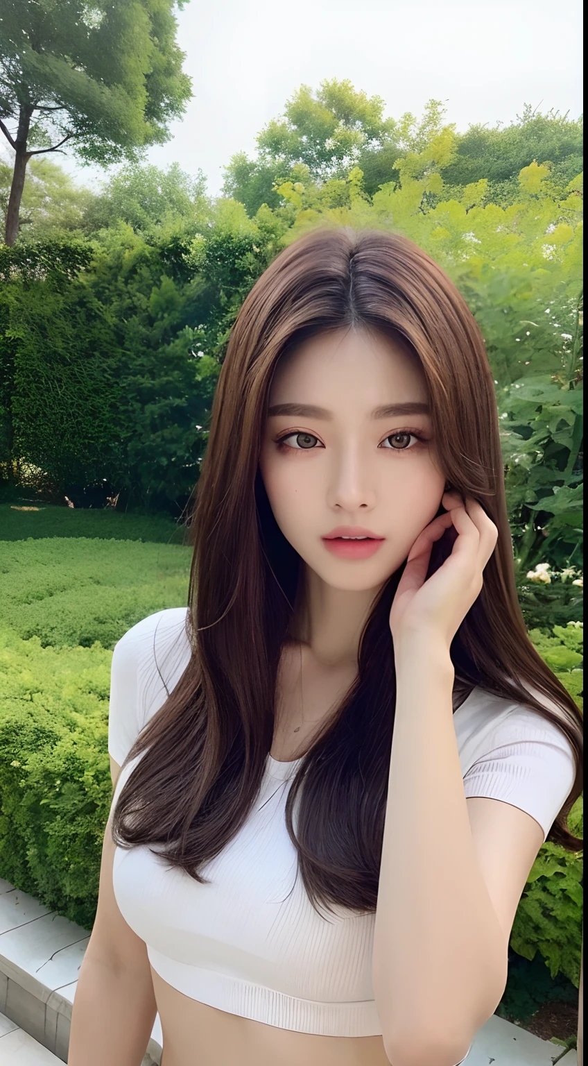 ((Realistic Lighting, Top Quality, 8K, Masterpiece: 1.3)), Clear Focus: 1.2, 1 Girl, Perfect Beauty: 1.4, Slim Abs: 1.1, (((Dark Brown Hair)), (White Crop Top: 1.4), (Flower Garden, Outdoor, Night: 1.1), Park View, Super Fine Face, Narrow Eyes, Double Eyelids,