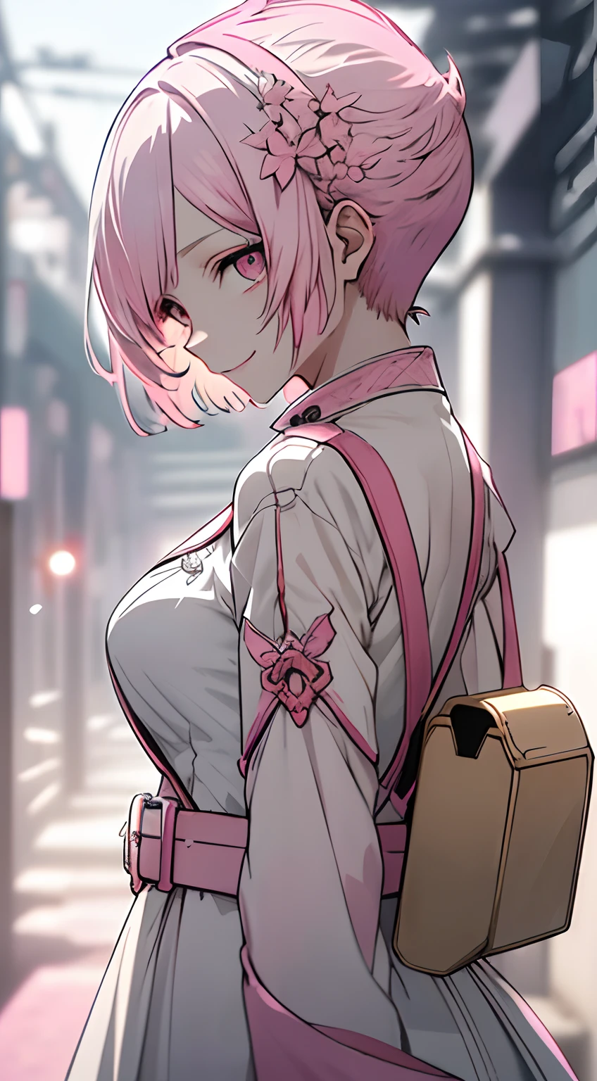 Full body, White one-piece uniform,(masutepiece:1.2, Best Quality), (finely detailed beautiful eye: 1.2), (beautifull detailed face), High contrast, (Best Illumination, extremely delicate and beautiful), ((Cinematic Light)), Dramatic light, Intricate details,red eyes, large full breasts, Belt under the chest, White sailor suit, White skirt,pale white hair, (pink back ground:1.5), Short-cut hair, accurate hands, Look at me and smile, ruddy skin, hi-school girl,