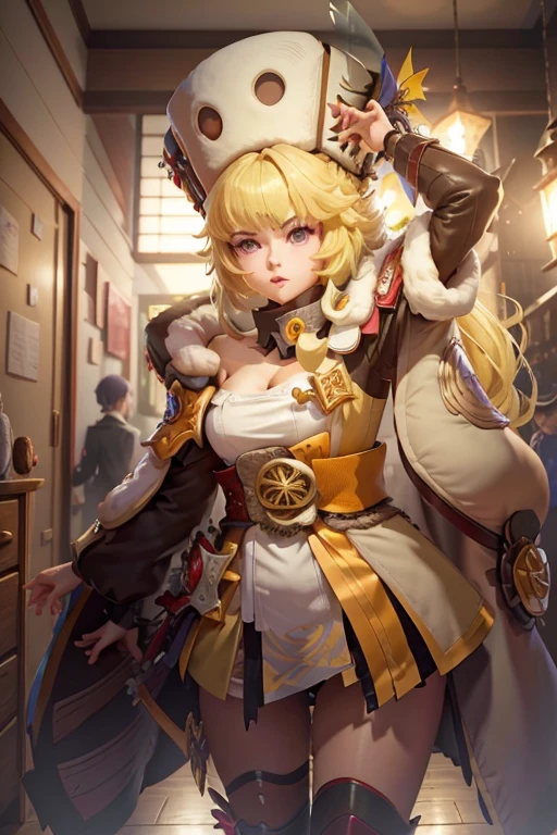 1 garota sozinha Hook (Honkai Star Rail), solo, casa, interior, blonde hair, cabelo curto, olhos amarelos, fur hat, very cute expression, pernas grossas e curtas, rosto bem detalhado, raidenshogundef, raidenshogunrnd, bumbum, (fundo: um quarto com uma cama), noite, luzes, Front view