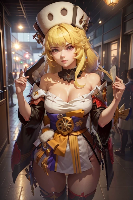 1 garota sozinha Hook (Honkai Star Rail), solo, casa, interior, blonde hair, cabelo curto, olhos amarelos, fur hat, very cute expression, pernas grossas e curtas, rosto bem detalhado, raidenshogundef, raidenshogunrnd, bumbum, (fundo: um quarto com uma cama), noite, luzes, Front view