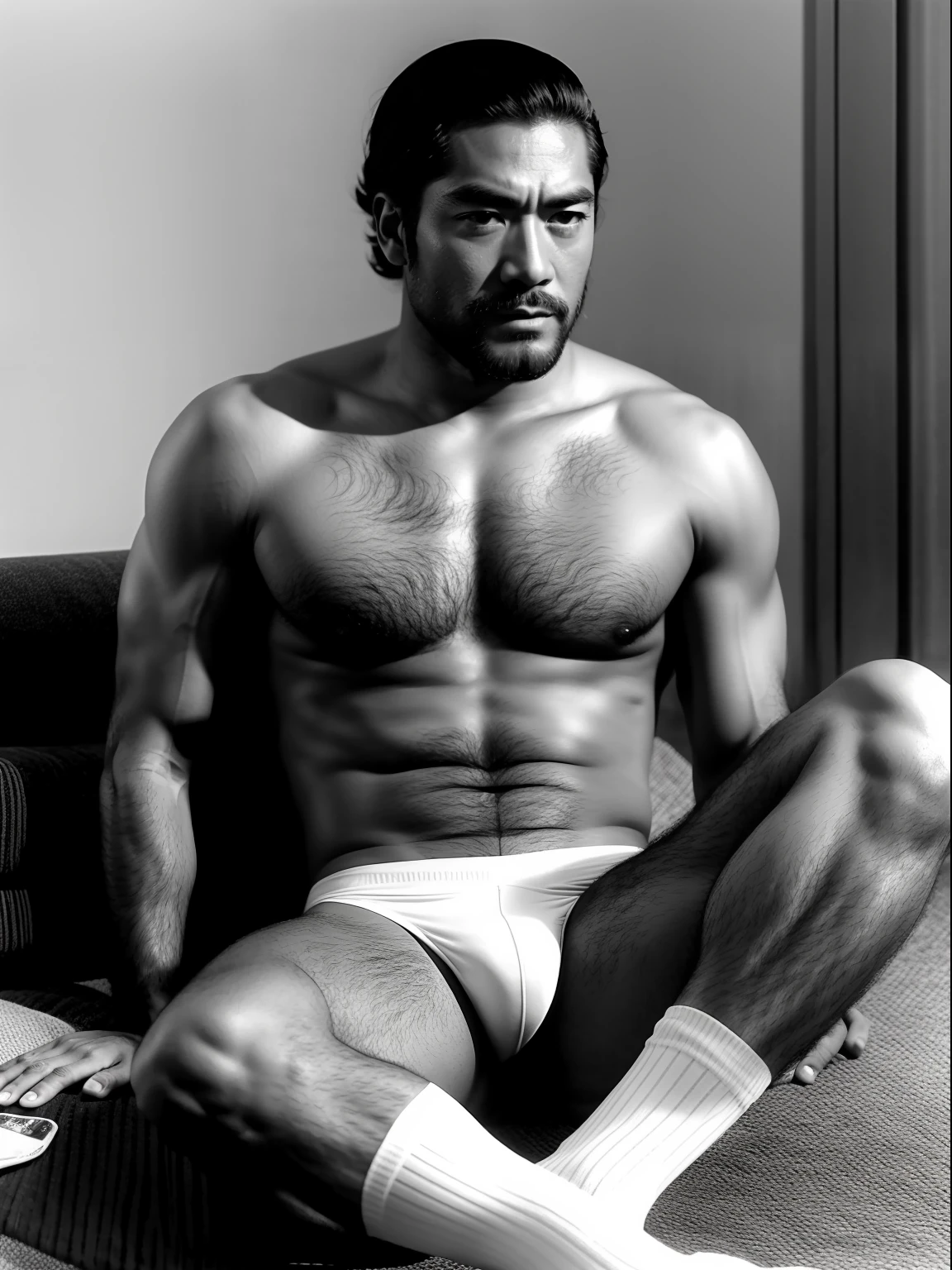 young toshiro mifune with a beard，A man sits down，Raised butt，leg wide open，Crotch contour，wearing an sexy underwear，masterpiece，khd，the feet，white socks，Thick chest hair，dark-skin，scowling, relaxed