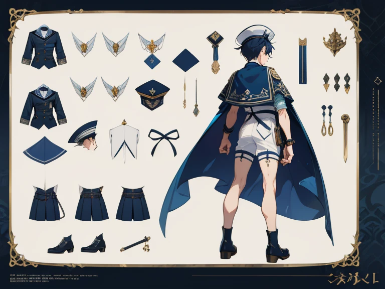 [ character design ], male character, character adoptable, fullbody commission for, full body character design, interesting character design, very stylized character design, full body adoptable, full character design, high quality character design, detailed character design, stylized character design, detailed full body concept, character design art, great character design, concept art, character sheet, navy theme, shota, male, boy, sailor, water, maritime, cute style, ocean theme, dark blue, glowing eyes, highly detailed outfit, multiple views, back and front, outfit detail, short, shorts, badges, military cape, sailor hat, antique, mechanic, effeminate, lace, ruffles, detailed boots, garter belts, front and back view, short boy, anime boy, cute boy, accessories, animal companion, cute, detailed，People table，character sheets，Lots of items（The same person，beast ear，Many parts）frontage，Lateral face，on back），lovely boy simple backgound，white background：1.3, perfect face, detailed eyes, clear face, many accessories, gold motifs, white motifs, diver, underwater, captain, elegant, flowing accessories, chunky shoes, wedge shoes