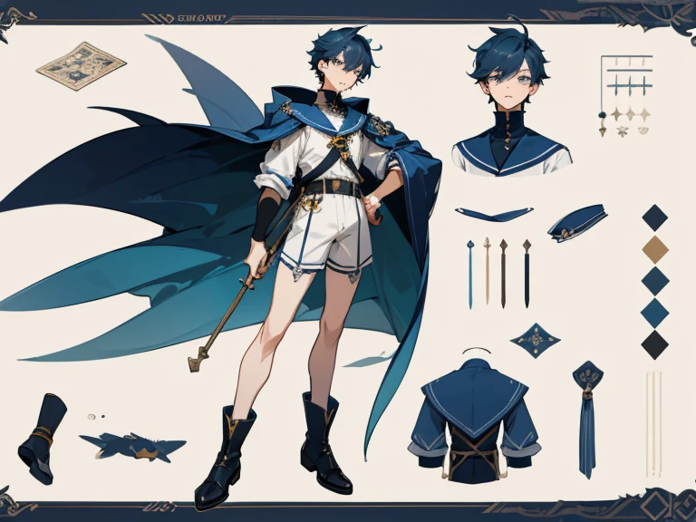 [ character design ], male character, character adoptable, fullbody commission for, full body character design, interesting character design, very stylized character design, full body adoptable, full character design, high quality character design, detailed character design, stylized character design, detailed full body concept, character design art, great character design, concept art, character sheet, navy theme, shota, male, boy, sailor, water, maritime, cute style, ocean theme, dark blue, glowing eyes, highly detailed outfit, multiple views, back and front, outfit detail, short, shorts, badges, military cape, sailor hat, antique, mechanic, effeminate, lace, ruffles, detailed boots, garter belts, front and back view, short boy, anime boy, cute boy, accessories, animal companion, cute, detailed，People table，character sheets，Lots of items（The same person，beast ear，Many parts）frontage，Lateral face，on back），lovely boy simple backgound，white background：1.3, perfect face, detailed eyes, clear face, many accessories, gold motifs, white motifs, diver, underwater, captain, elegant, flowing accessories, chunky shoes, wedge shoes