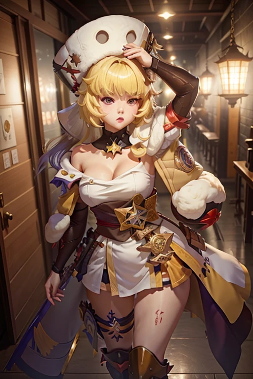 1 garota sozinha Hook (Honkai Star Rail), solo, casa, interior, blonde hair, cabelo curto, olhos amarelos, fur hat, very cute expression, pernas grossas e curtas, rosto bem detalhado, raidenshogundef, raidenshogunrnd, bumbum, (fundo: um quarto com uma cama), noite, luzes, Front view