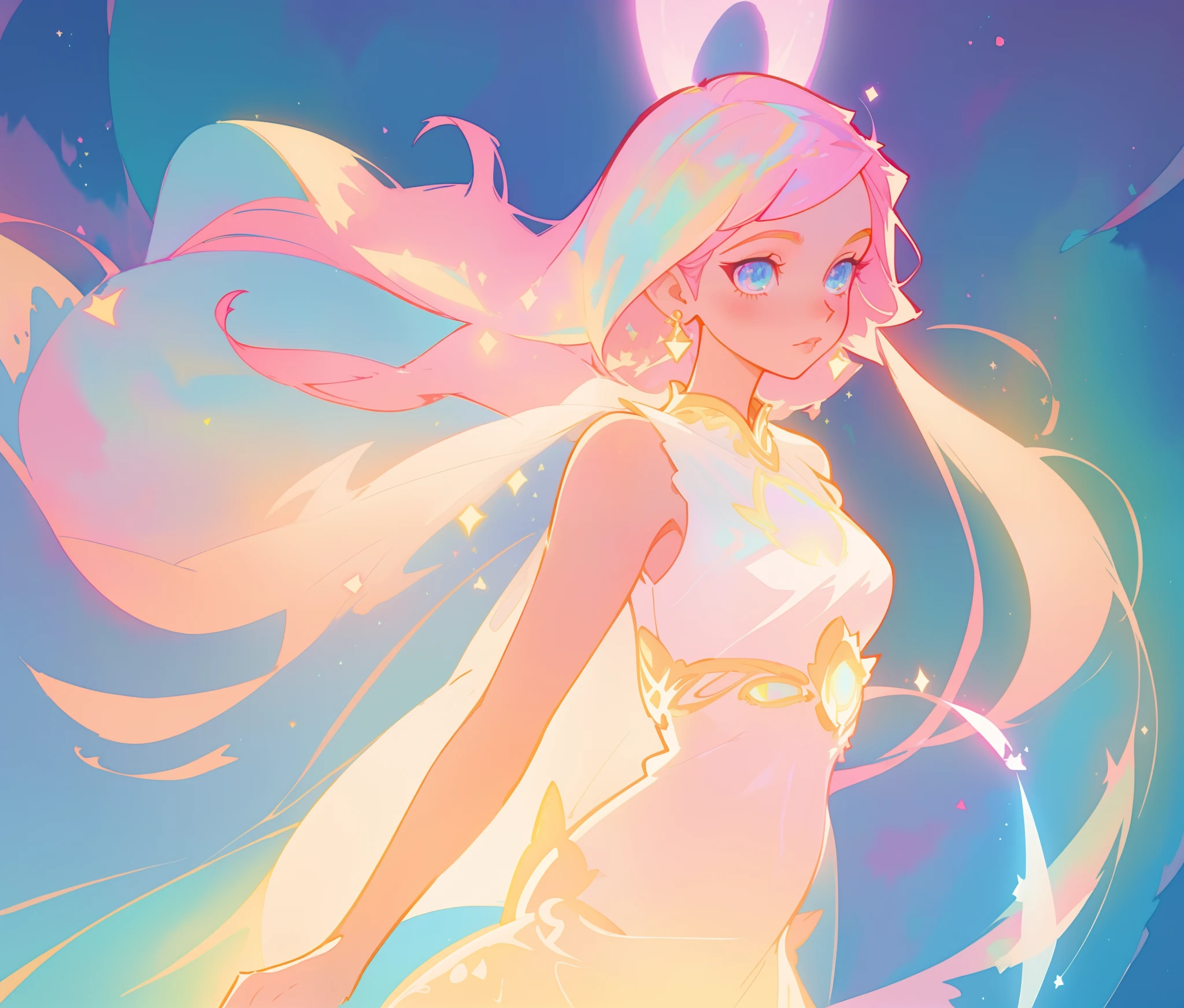beautiful girl in white crop top and skirt, arabian princess, long colorful sparkling pink hair, watercolor illustration, Lois van Baarle, glowing aura around her, Glen Keane, jen bartel, glowing hair, beautiful digital illustration, fantasia background, beautiful, masterpiece, best quality, anime disney style, (detailed eyes), golden ratio, perfect composition, (intricately detailed dress design)