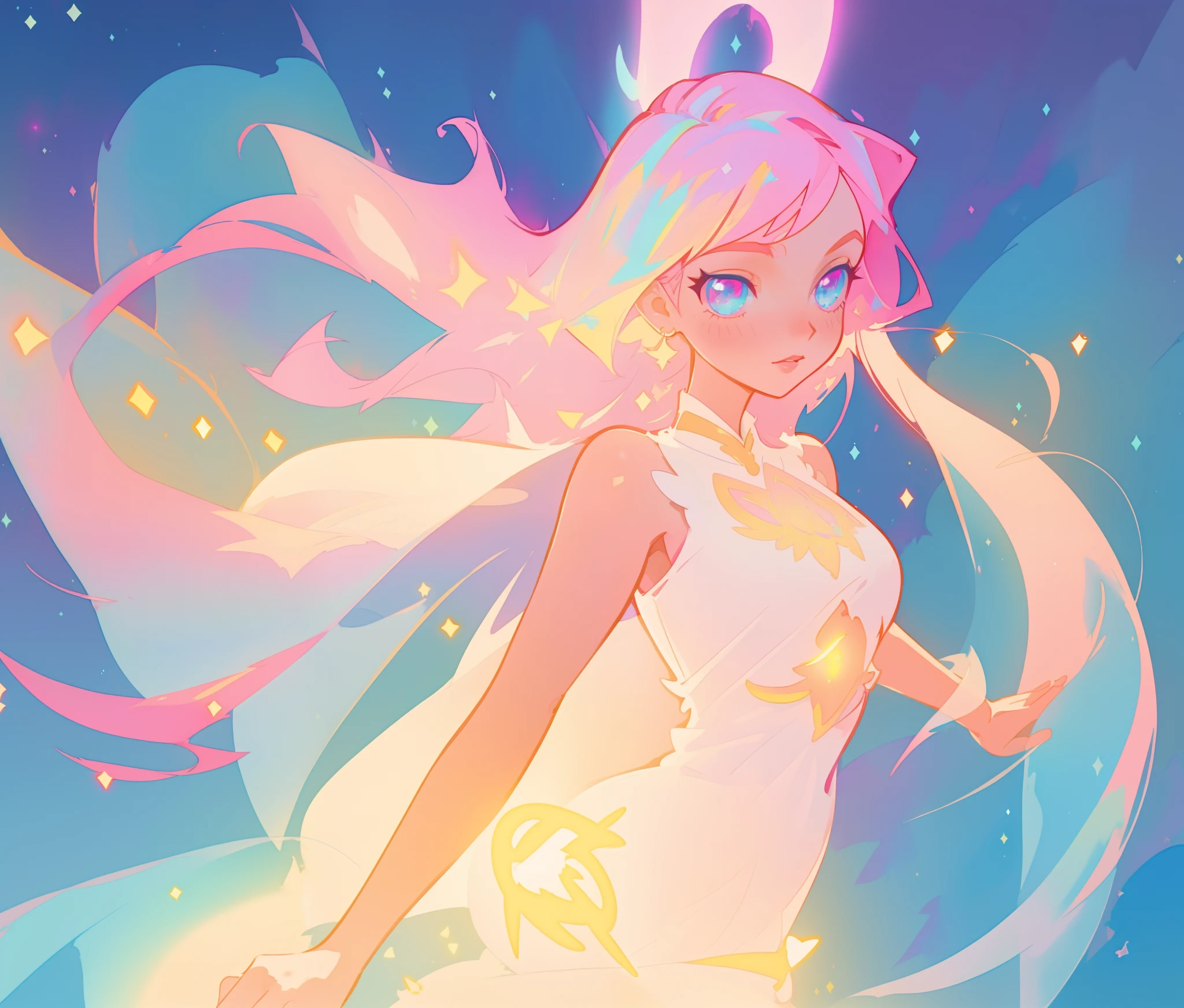 beautiful girl in white crop top and skirt, arabian princess, long colorful sparkling pink hair, watercolor illustration, Lois van Baarle, glowing aura around her, Glen Keane, jen bartel, glowing hair, beautiful digital illustration, fantasia background, beautiful, masterpiece, best quality, anime disney style, (detailed eyes), golden ratio, perfect composition, (intricately detailed dress design)