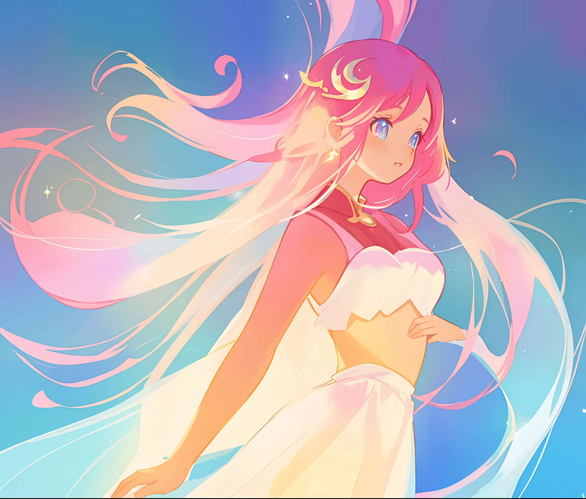 beautiful girl in white arabian two-piece dress, arabian princess, long colorful sparkling pink hair, watercolor illustration, Lois van Baarle, glowing aura around her, Glen Keane, jen bartel, glowing hair, beautiful digital illustration, fantasia background, beautiful, masterpiece, best quality, anime disney style, (detailed eyes), golden ratio, perfect composition