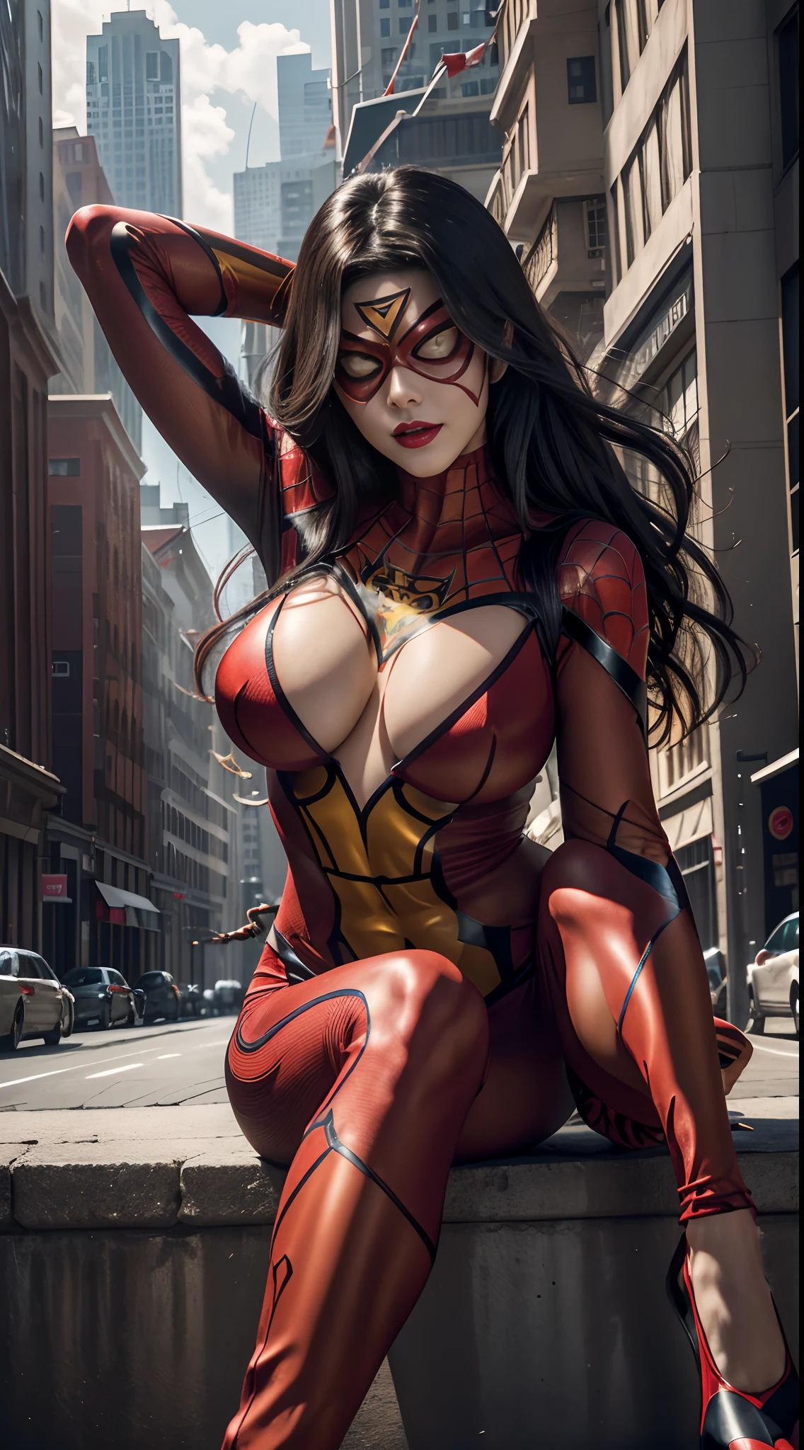 (best quality,ultra-detailed,realistic:1.37),portrait,Spider Woman,sexy red lips,detailed eyes,sensual face expression,(red spider woman mask),cosplay,poised dynamic pose,full length body,yellow iris,youthful,fierce look,graceful movement,big boobs, elegant posture,spider-themed outfit,spider web background,vivid colors,sharp focus,beautiful lighting,hair blowing in the wind,dramatic atmosphere,high-res mastery.yellow eye iris,red spider woman mask,cheerful face,dynamic sitting pose at building ,full body figure,chrome gold pattern details on cosplay