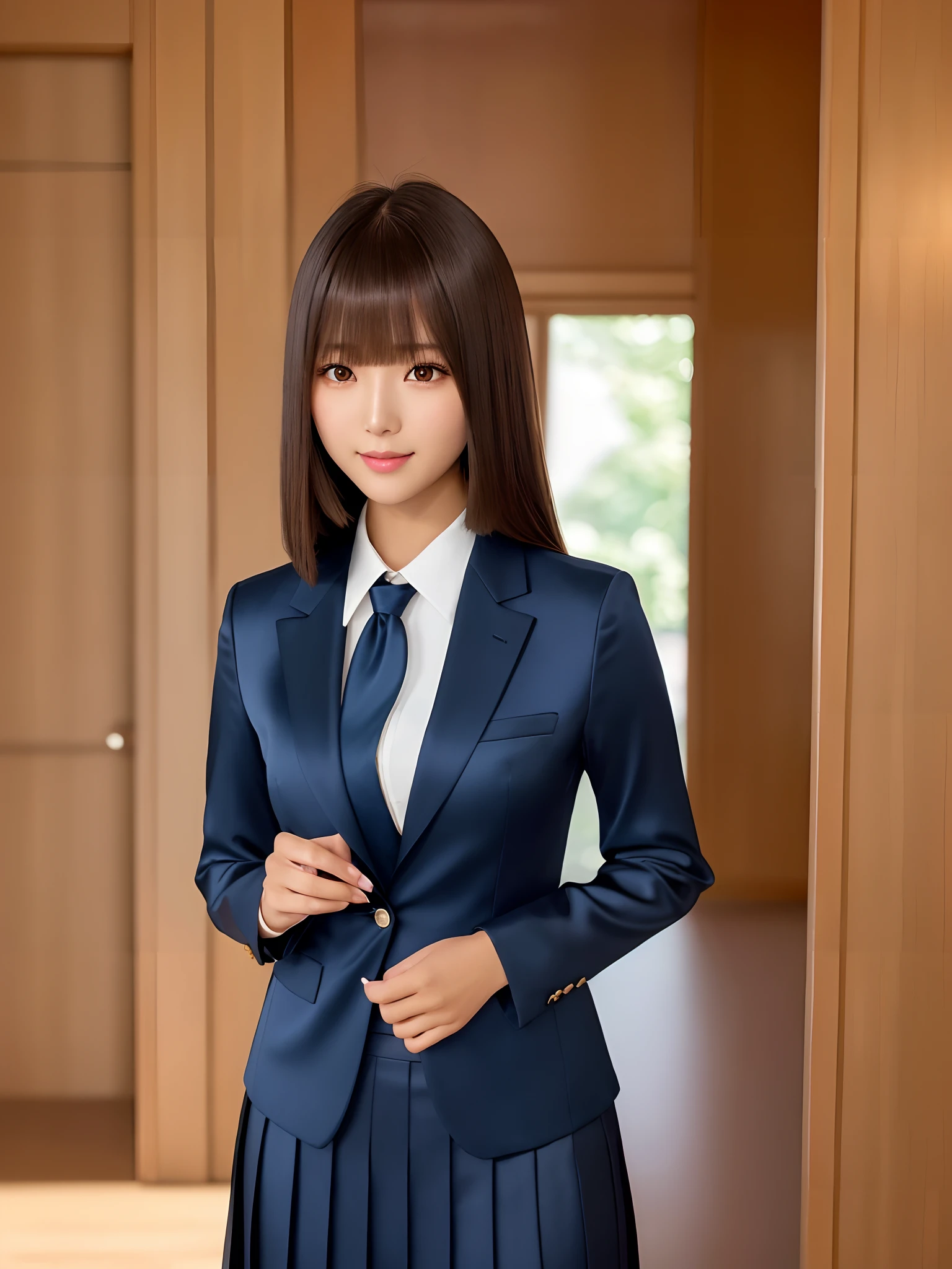 product quality, 1girl, upper body shot, front view, a Japanese young pretty woman, long bob hair, standing with a big smile in front of her luxury house, glamorous figure, dark blue blazer, white collared silky satin shirt, shiny satin dark blue plain long tie, dark blue pleated long skirt, hyper cute face, glossy lips, double eyelids in both eyes, natural makeup, long eyelashes, shiny smooth light brown long bob hair, asymmetrical bangs, a tanned skin, central image, high resolution, high detail, detailed hairstyle, detailed face, spectacular cinematic lighting, octane rendering, vibrant, hyper realistic, perfect limbs, perfect anatomy