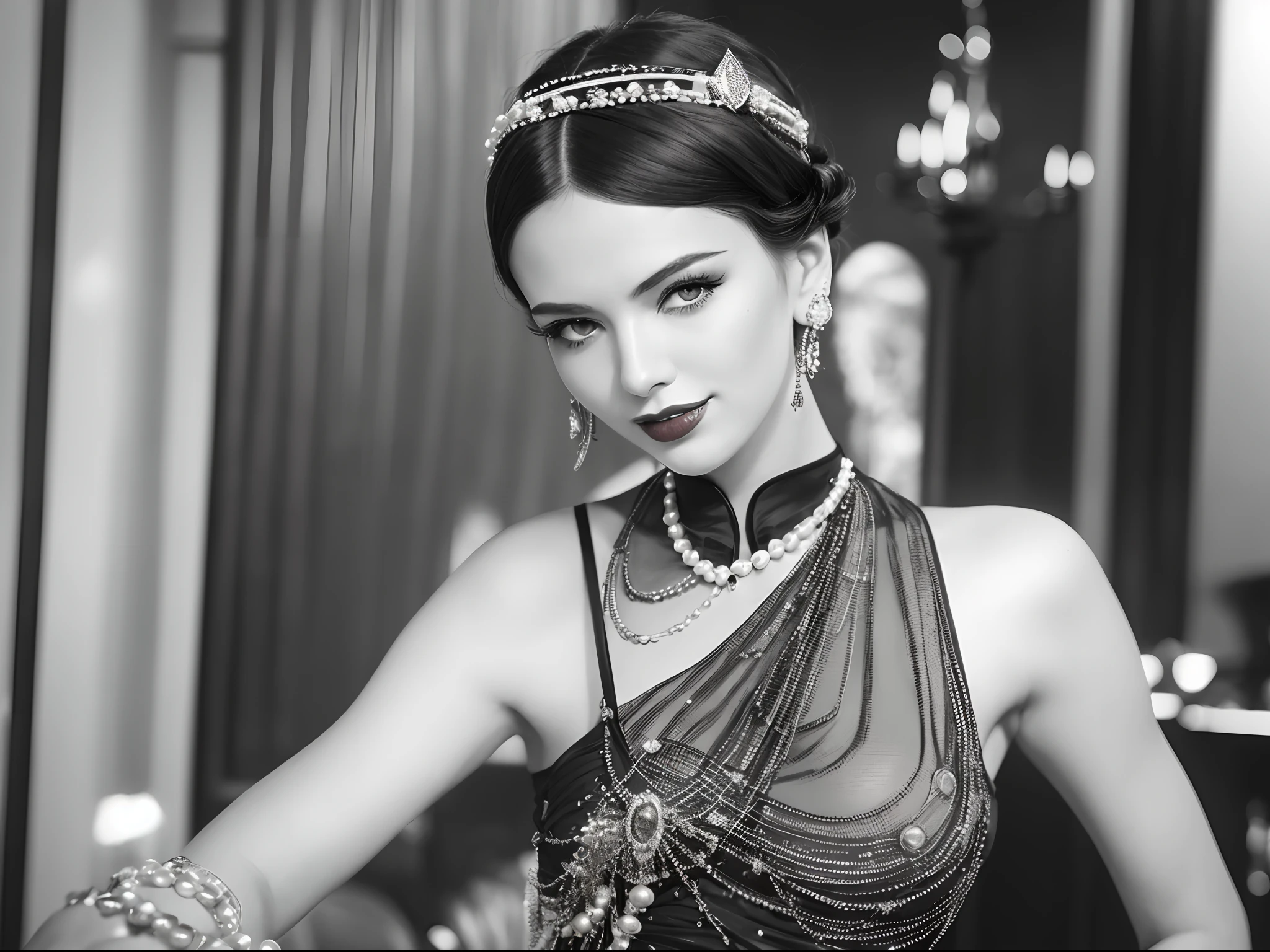 (best quality,4k,8k,highres,masterpiece:1.2),ultra-detailed,(realistic,photorealistic,photo-realistic:1.37),1920s flapper girl,large breast,clothes of the era,speak easy,swinging on swing,above a bar,very detailed,ornate,sharp focus,detailed eyes,detailed lips,long eyelashes,vibrant outfit,confident expression,relaxed posture,vintage decor,speakeasy atmosphere,vibrant colors,soft lighting,art deco style,glamorous mood,feather headband,pearl necklace,jazz music,smoke-filled room,cocktail glass,flapper dress,fringe details,charming smile,energetic movement,vintage hairstyle,retro background,swinging motion,exciting ambiance,classic black and white aesthetics,sparkling jewelry,high-fashion ensemble,expressive eyes,red lipstick,dazzling accessories,lively atmosphere,energetic atmosphere,1920s party scene,vintage furniture,sophisticated makeup,exquisite craftsmanship,fine details