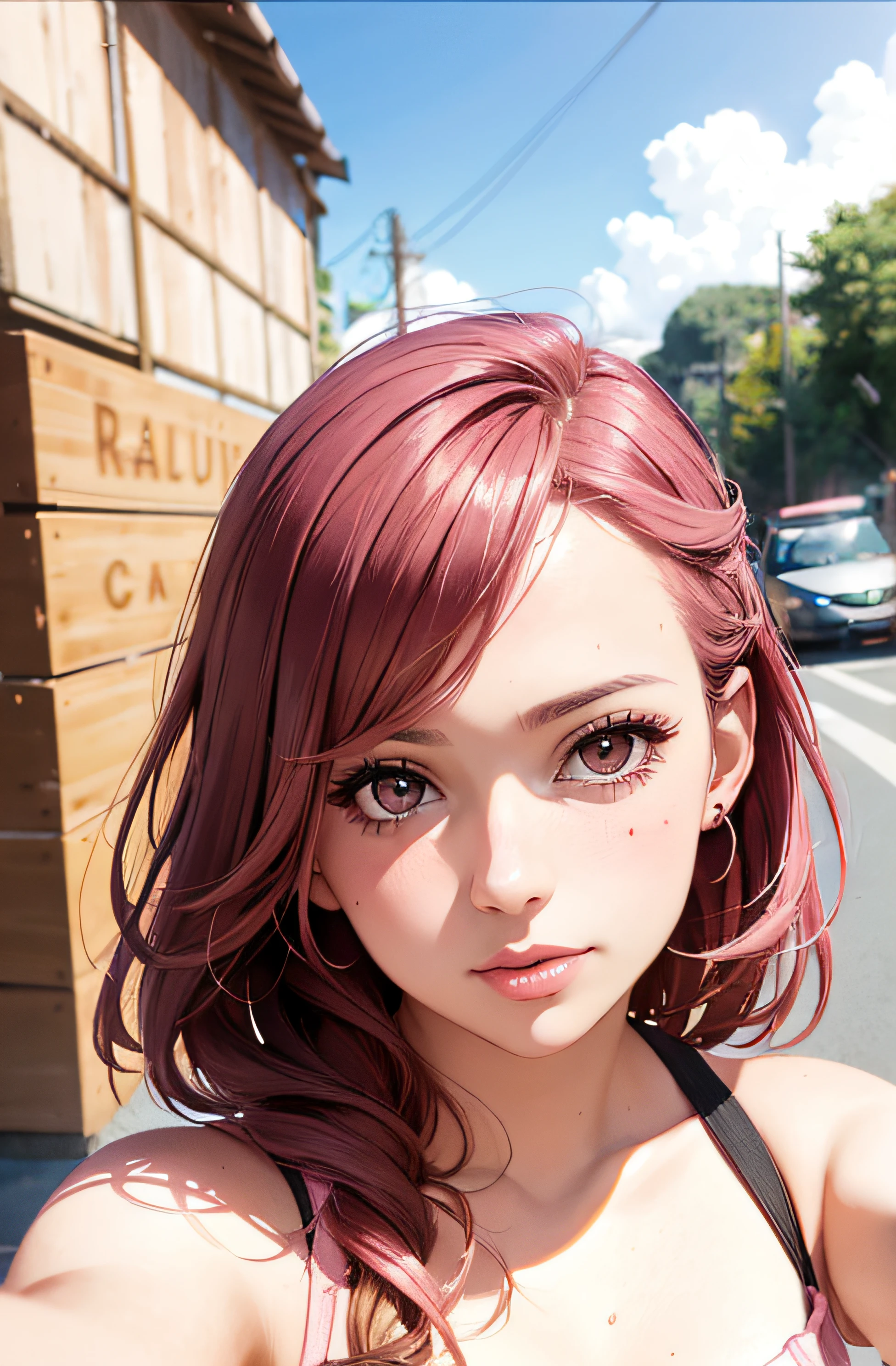 girl in summer clothes, top shot,((selfie)), brown eyes, pink hair, random background, kiss, beautiful, medium breasts, flirtatious look, ((very detailed)), (perfectly detailed face), (well detailed hand), photorealistic image.