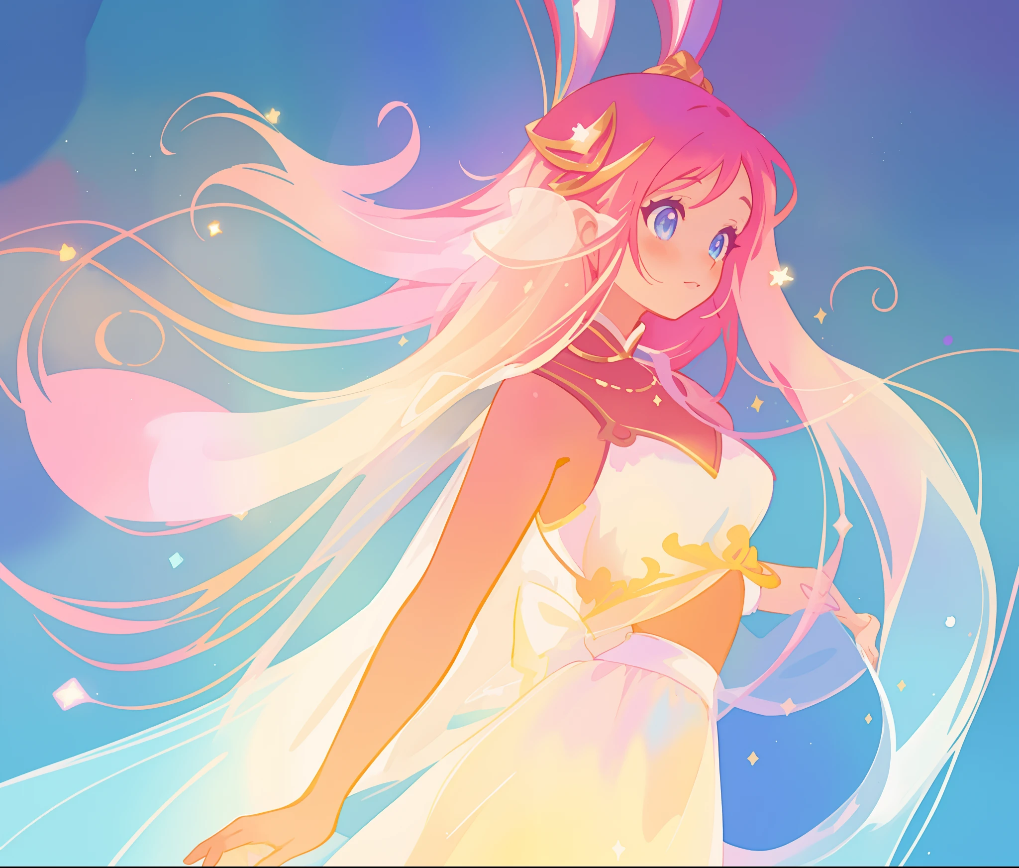 beautiful girl in white arabian two-piece dress, arabian princess, long colorful sparkling pink hair, watercolor illustration, Lois van Baarle, glowing aura around her, Glen Keane, jen bartel, glowing hair, beautiful digital illustration, fantasia background, beautiful, masterpiece, best quality, anime disney style, (detailed eyes), golden ratio, perfect composition
