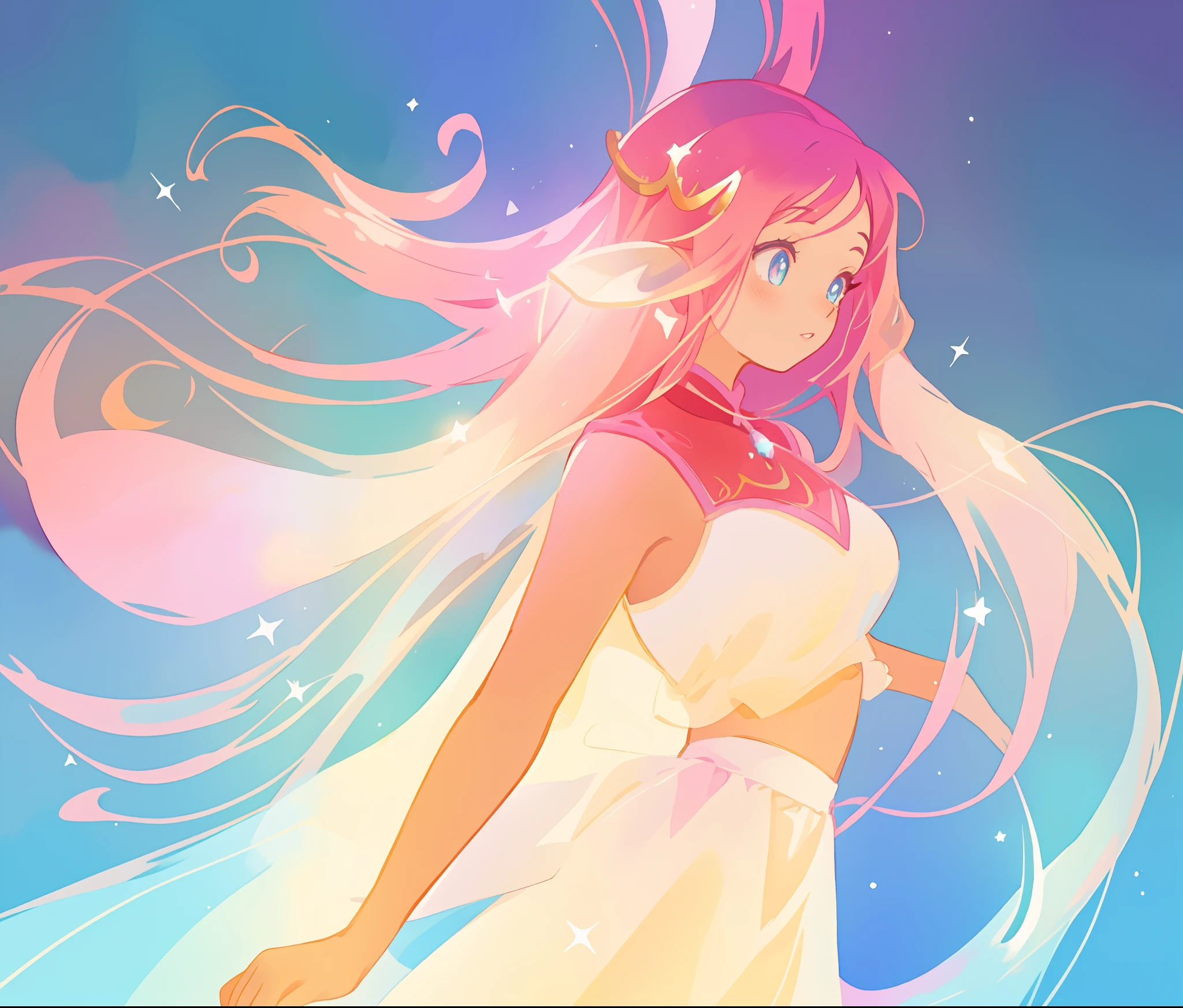 beautiful girl in white arabian two-piece dress, arabian princess, long colorful sparkling pink hair, watercolor illustration, Lois van Baarle, glowing aura around her, Glen Keane, jen bartel, glowing hair, beautiful digital illustration, fantasia background, beautiful, masterpiece, best quality, anime disney style, (detailed eyes), golden ratio, perfect composition