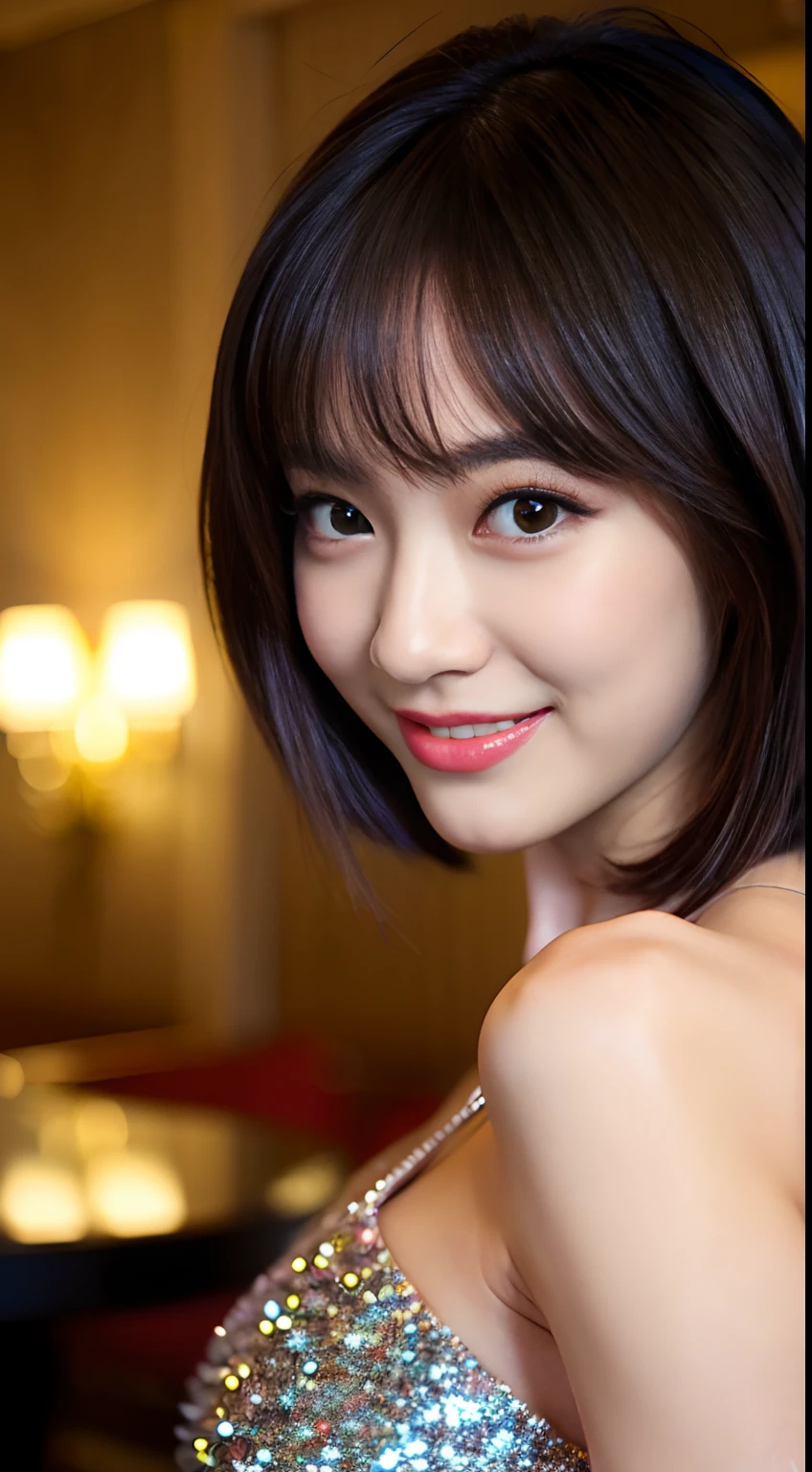 Best-Quality, Masterpiece, Ultra-High-Resolution, (Photorealistic:1.4), Raw-Photo, Extremely-Details, Perfect-Anatomy, 1girl, 18-years-old, the most famous Japanese actress, in gorgeous hotel suite, wearing only glitzy evening dress, portrait, ((very completely drunk, looking at viewer, grinning)), extremely cute face like the most popular Japanese actress, extremely beautiful big black solid circle eyes, extremely beautiful black short-cut-haired, extremely beautiful realistic skins, extremely beautiful shoulder, detailed face, detailed eyes, detailed hair, detailed realistic skins, detailed shoulder, detailed glitzy evening dress