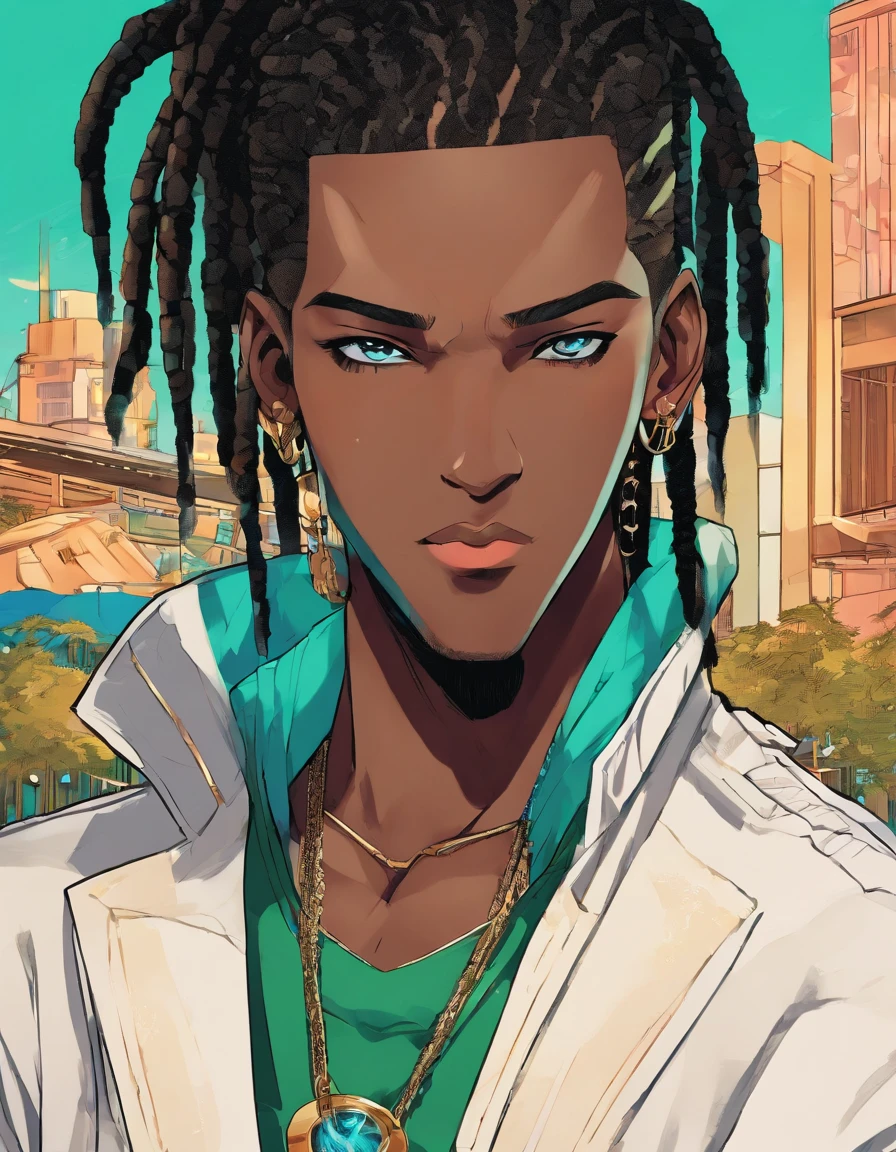 hiperHD, 24K UHD, a drawing of an dark skin person with a black braids and a white shirt, wearing techwear outfit with a fishnet shirt, halfbody headshot, cel - shaded art style, inspired by Okumura Masanobu, halfbody portrait, tyler jacobson style, anime character, cel shaded:15, young anime man, androgynous appearance, black cornrows, teal and green (((hetrochromia, multicolored eyes)))