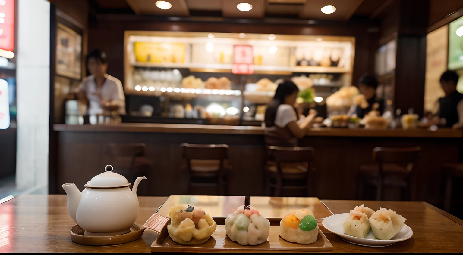 a hyper realistic photography of a dim sum in hong kong, no people, no words, Nikon D850 DSLR 4k camera, 100mm lens, F 1.2 aperture setting, bright and natural lighting, vibrant, fun and relaxing atmosphere