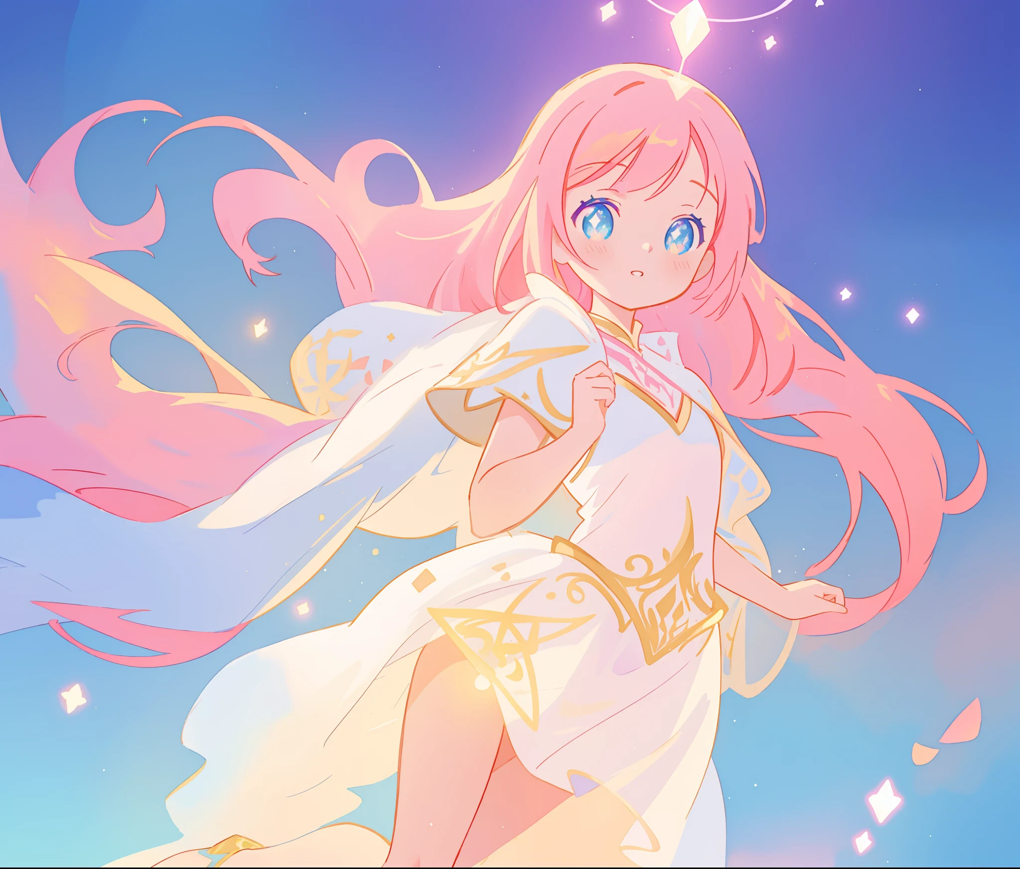 beautiful girl in white arabian two-piece dress, arabian princess, long colorful sparkling pink hair, watercolor illustration, Lois van Baarle, glowing aura around her, Glen Keane, jen bartel, glowing hair, beautiful digital illustration, fantasia background, beautiful, masterpiece, best quality, anime disney style, (detailed eyes), golden ratio, perfect composition