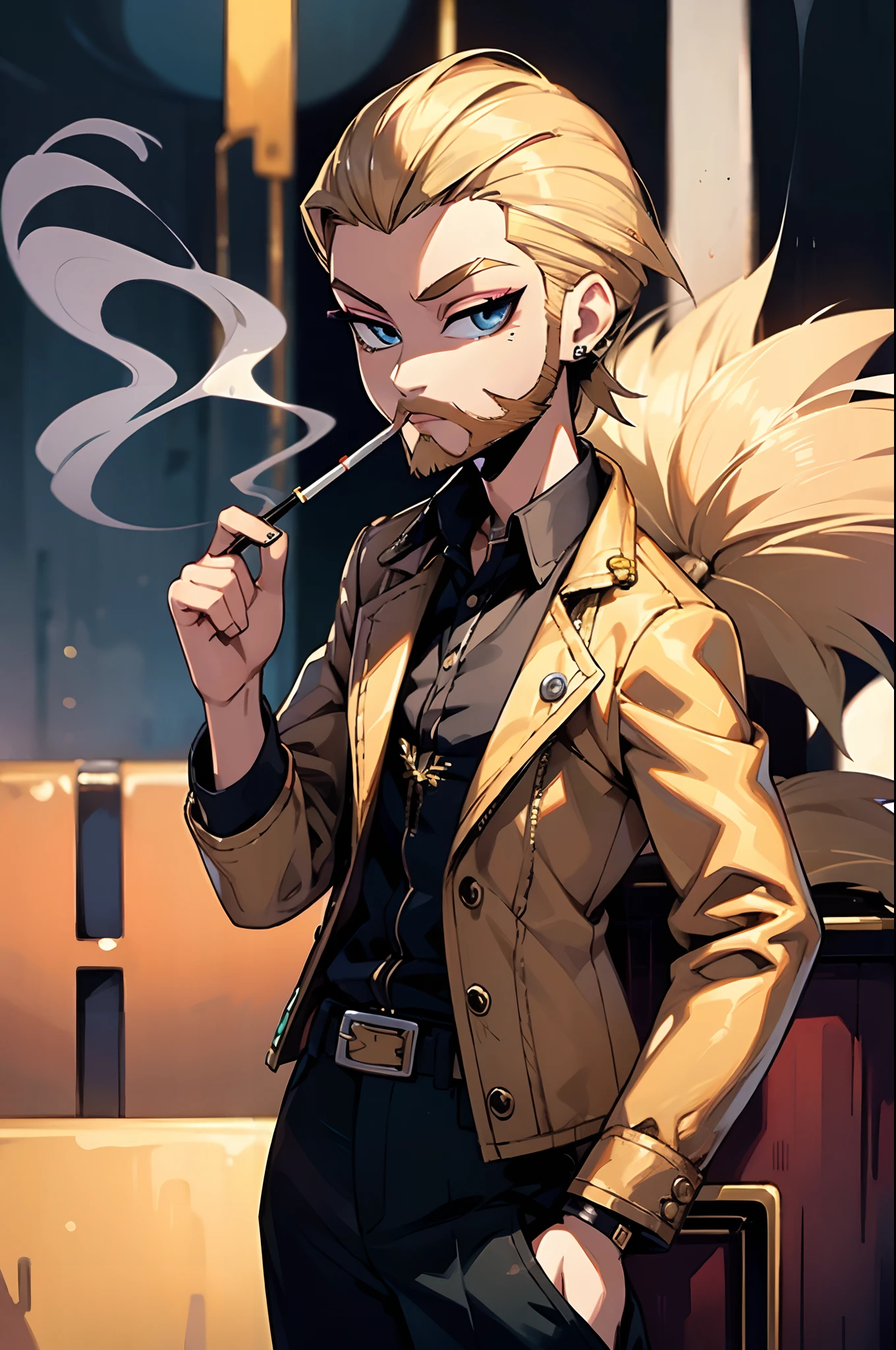 1 smoking man, smoking a joint, smoking weed, smoking, Bratz Boy, 1 male Bratz, blonde, bearded.
