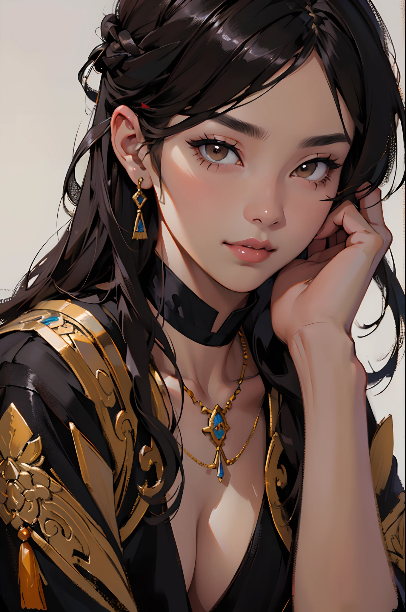 Cute, Ultra-detailed, illustration, Intricate, Detailed, Extremely detailed, Detailed face, Soft lighting, Soft light, Soft focus, Perfect face, Beautiful, Accurate anatomy, Overexposure, 8K, 4K, (A high resolution:1.1), Best quality, (Masterpiece:1.3), 1girll, Solo, jewelry, Brown eyes, view the viewer, Earrings, whaite hair, bangs, choker necklace, Closed mouth, Portrait, Watch, hair adornments, Simple background, greybackground, Long hair, head rest, Lips, Goodbye to hair accessories, hairstyles, Black necklace, bow, eyeslashes，(Fechin oil painting ，Oil painting by Fei Xin，Oil painting), 00