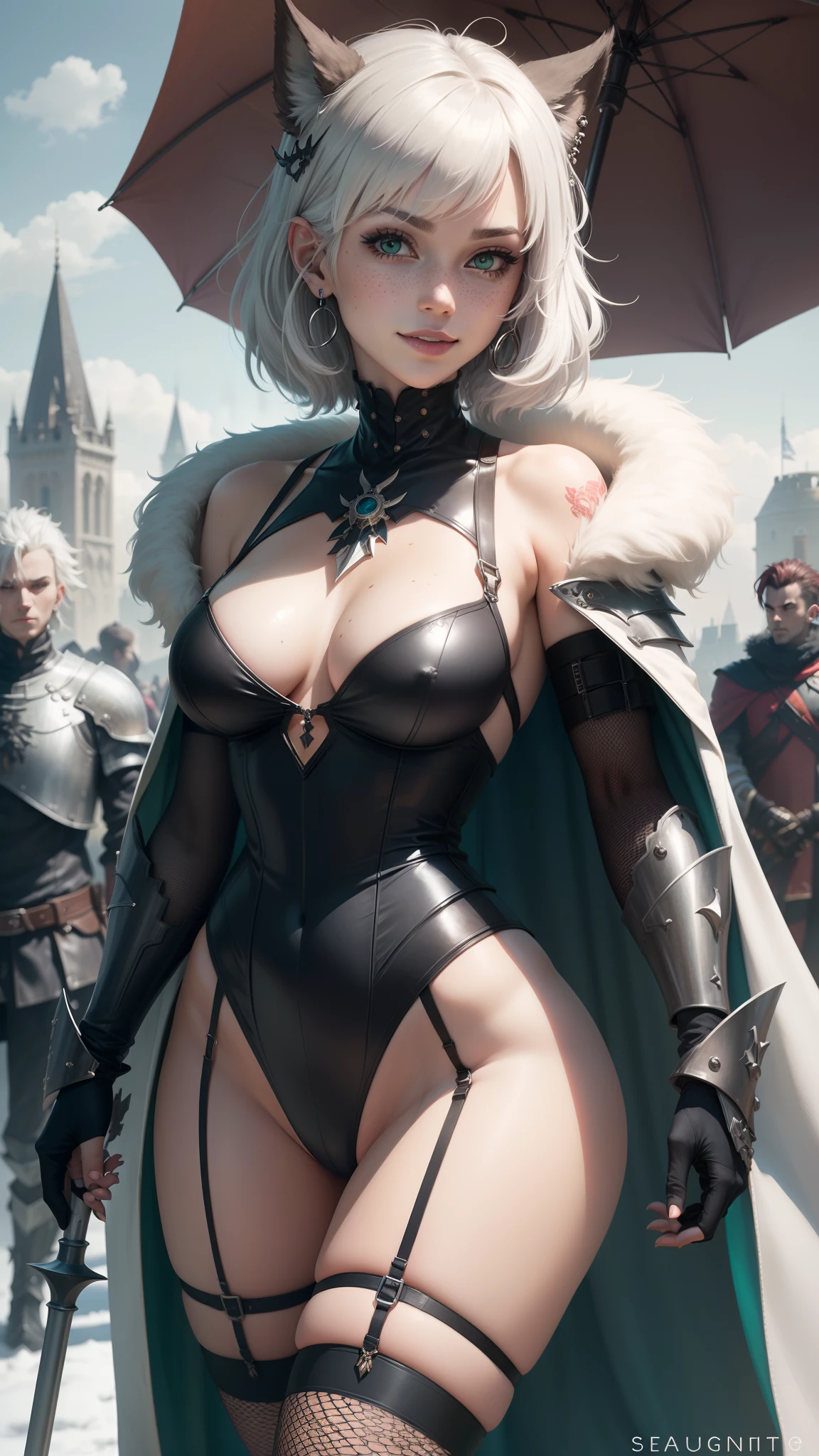 gwen tennyson,y'shtola rhul,yorha 2b, mordred,nier automata,arknights,close up,mecha pilot,winter castle,tattoos,blue and pink plugsuit,white and black short sleeve fishnet leotard,garter belt,black knight corset,short hair,punk makeup,green eyes, multicolored silver hair,sexy smile, freckles,beautiful girl,large breasts, 8k,ultra detailed,realistic,fantasy art,fur armor,steel armor,white and green royal knight uniform,knight coat,ear piercings,hair pin,saiyan female,goth jewelry,knight banner,knight scepter,walking,